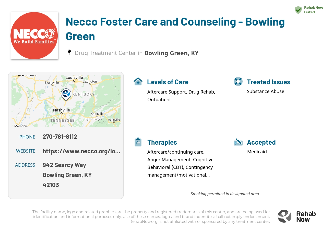 Helpful reference information for Necco Foster Care and Counseling - Bowling Green, a drug treatment center in Kentucky located at: 942 Searcy Way, Bowling Green, KY 42103, including phone numbers, official website, and more. Listed briefly is an overview of Levels of Care, Therapies Offered, Issues Treated, and accepted forms of Payment Methods.