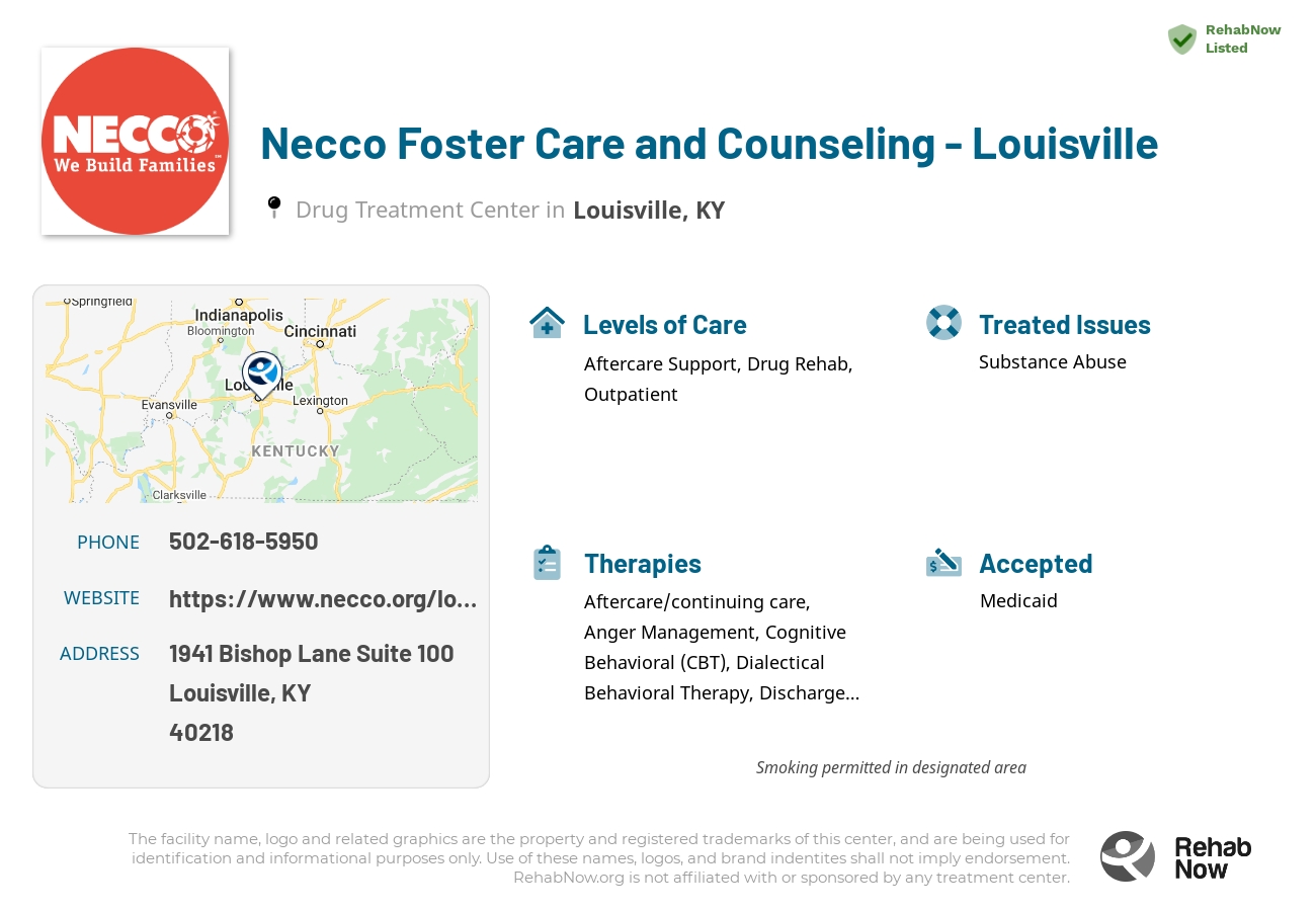 Helpful reference information for Necco Foster Care and Counseling  - Louisville, a drug treatment center in Kentucky located at: 1941 Bishop Lane Suite 100, Louisville, KY 40218, including phone numbers, official website, and more. Listed briefly is an overview of Levels of Care, Therapies Offered, Issues Treated, and accepted forms of Payment Methods.