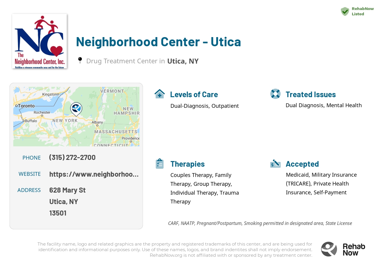 Helpful reference information for Neighborhood Center - Utica, a drug treatment center in New York located at: 628 Mary St, Utica, NY 13501, including phone numbers, official website, and more. Listed briefly is an overview of Levels of Care, Therapies Offered, Issues Treated, and accepted forms of Payment Methods.