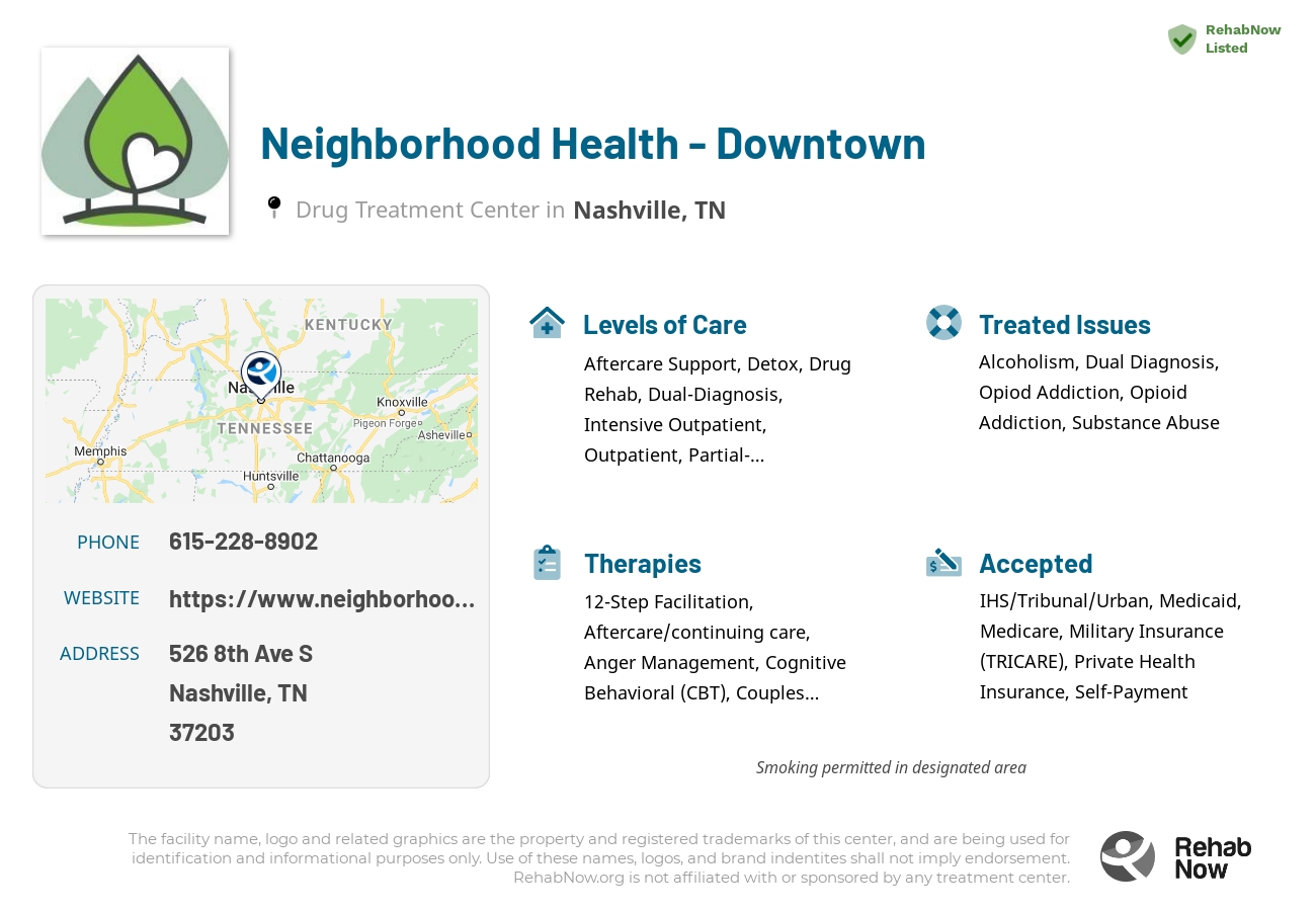 Helpful reference information for Neighborhood Health - Downtown, a drug treatment center in Tennessee located at: 526 8th Ave S, Nashville, TN 37203, including phone numbers, official website, and more. Listed briefly is an overview of Levels of Care, Therapies Offered, Issues Treated, and accepted forms of Payment Methods.