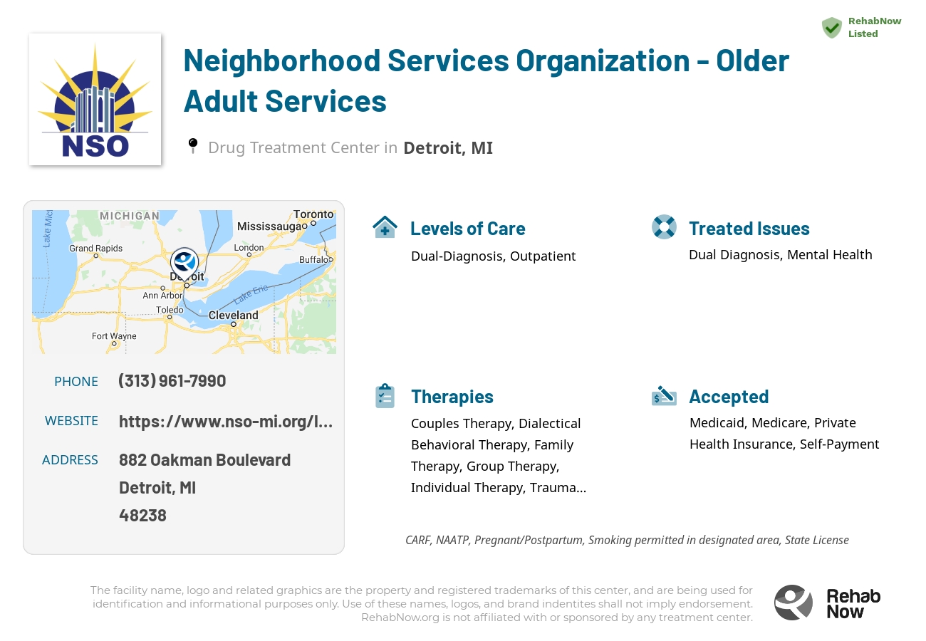 Helpful reference information for Neighborhood Services Organization - Older Adult Services, a drug treatment center in Michigan located at: 882 882 Oakman Boulevard, Detroit, MI 48238, including phone numbers, official website, and more. Listed briefly is an overview of Levels of Care, Therapies Offered, Issues Treated, and accepted forms of Payment Methods.