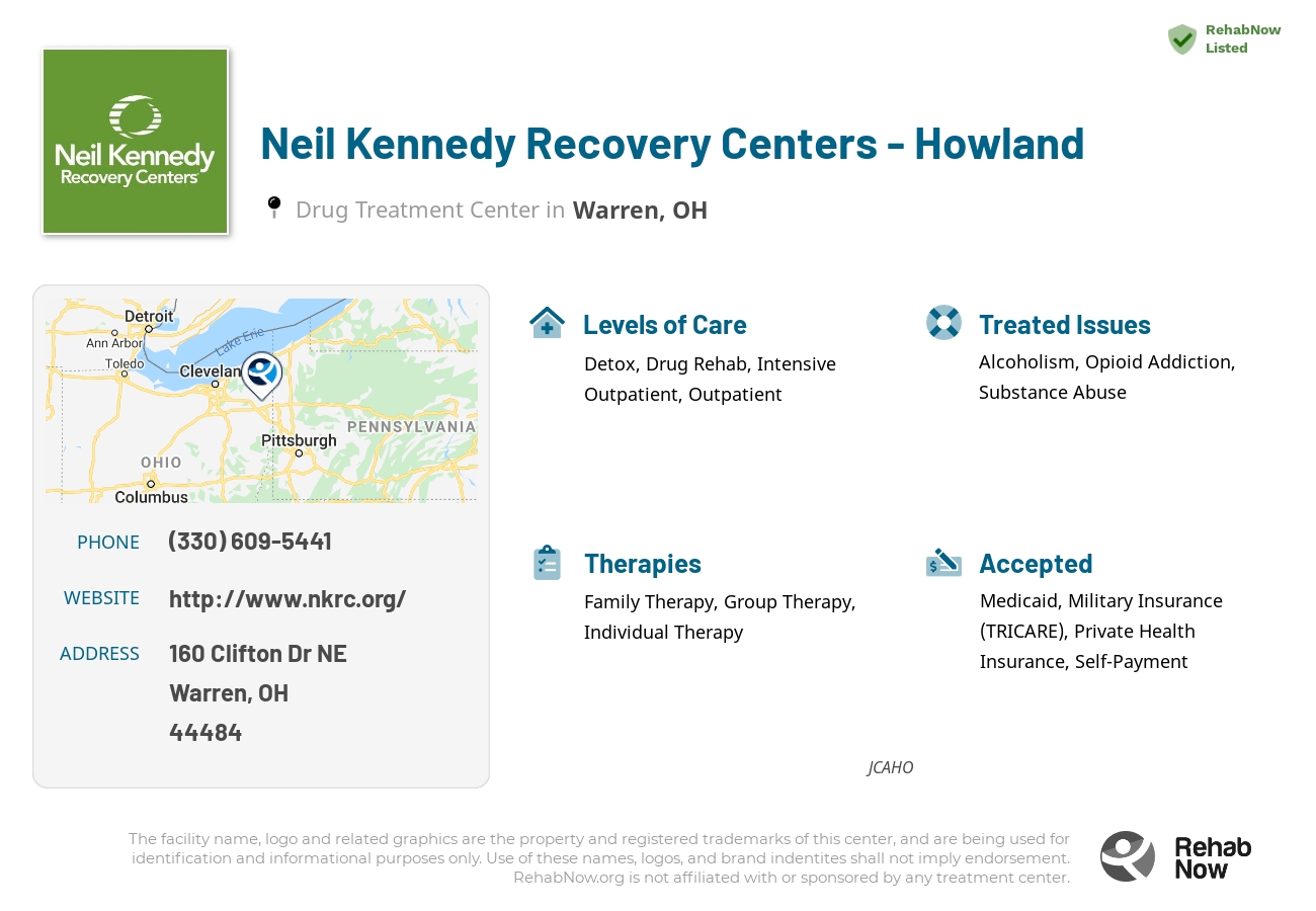 Helpful reference information for Neil Kennedy Recovery Centers - Howland, a drug treatment center in Ohio located at: 160 Clifton Dr NE, Warren, OH 44484, including phone numbers, official website, and more. Listed briefly is an overview of Levels of Care, Therapies Offered, Issues Treated, and accepted forms of Payment Methods.