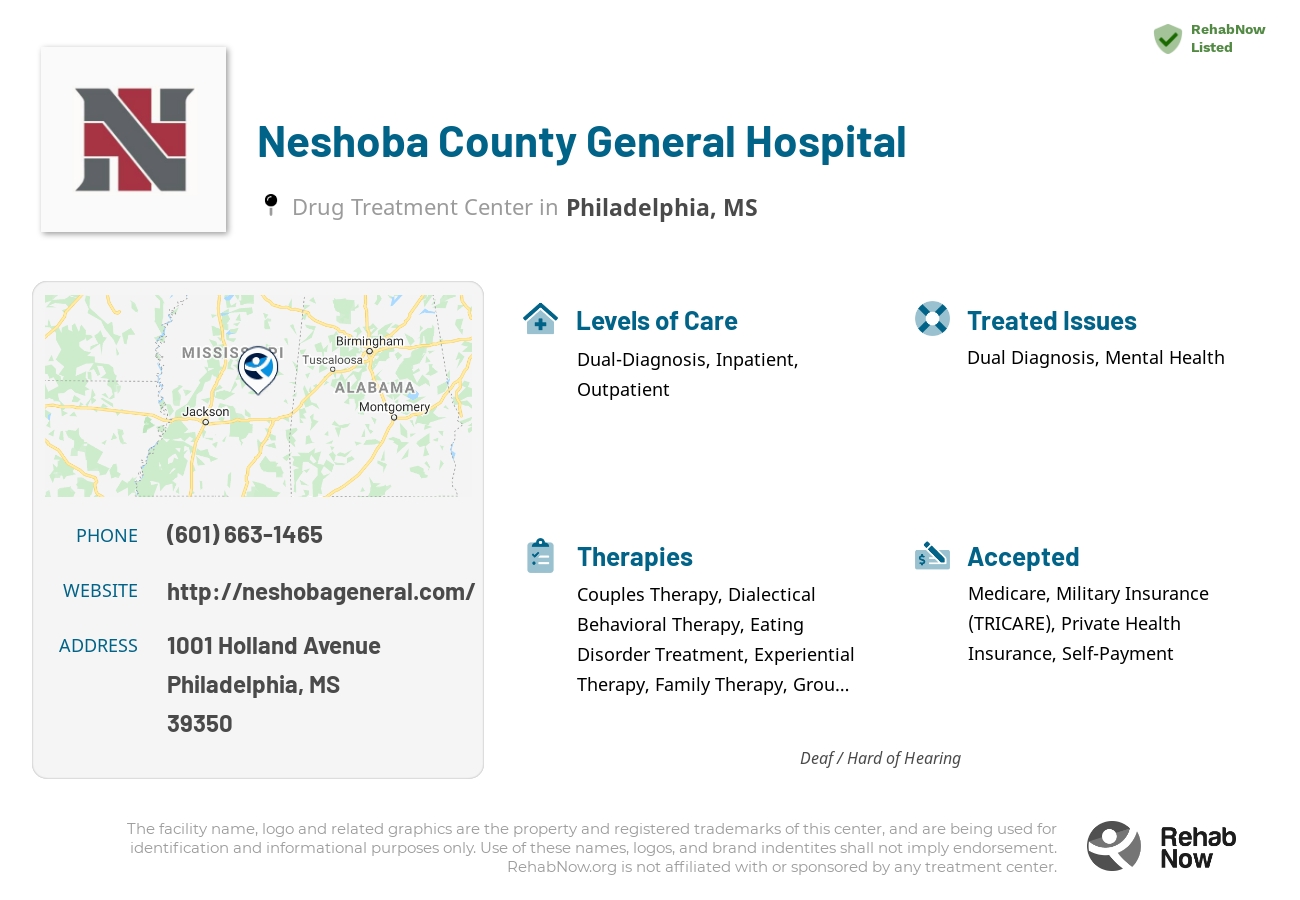 Helpful reference information for Neshoba County General Hospital, a drug treatment center in Mississippi located at: 1001 1001 Holland Avenue, Philadelphia, MS 39350, including phone numbers, official website, and more. Listed briefly is an overview of Levels of Care, Therapies Offered, Issues Treated, and accepted forms of Payment Methods.