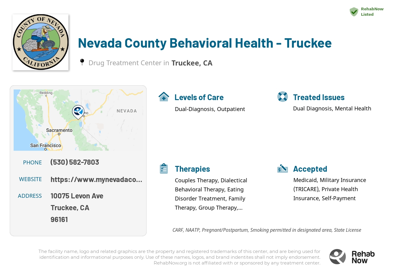 Helpful reference information for Nevada County Behavioral Health - Truckee, a drug treatment center in California located at: 10075 Levon Ave, Truckee, CA 96161, including phone numbers, official website, and more. Listed briefly is an overview of Levels of Care, Therapies Offered, Issues Treated, and accepted forms of Payment Methods.