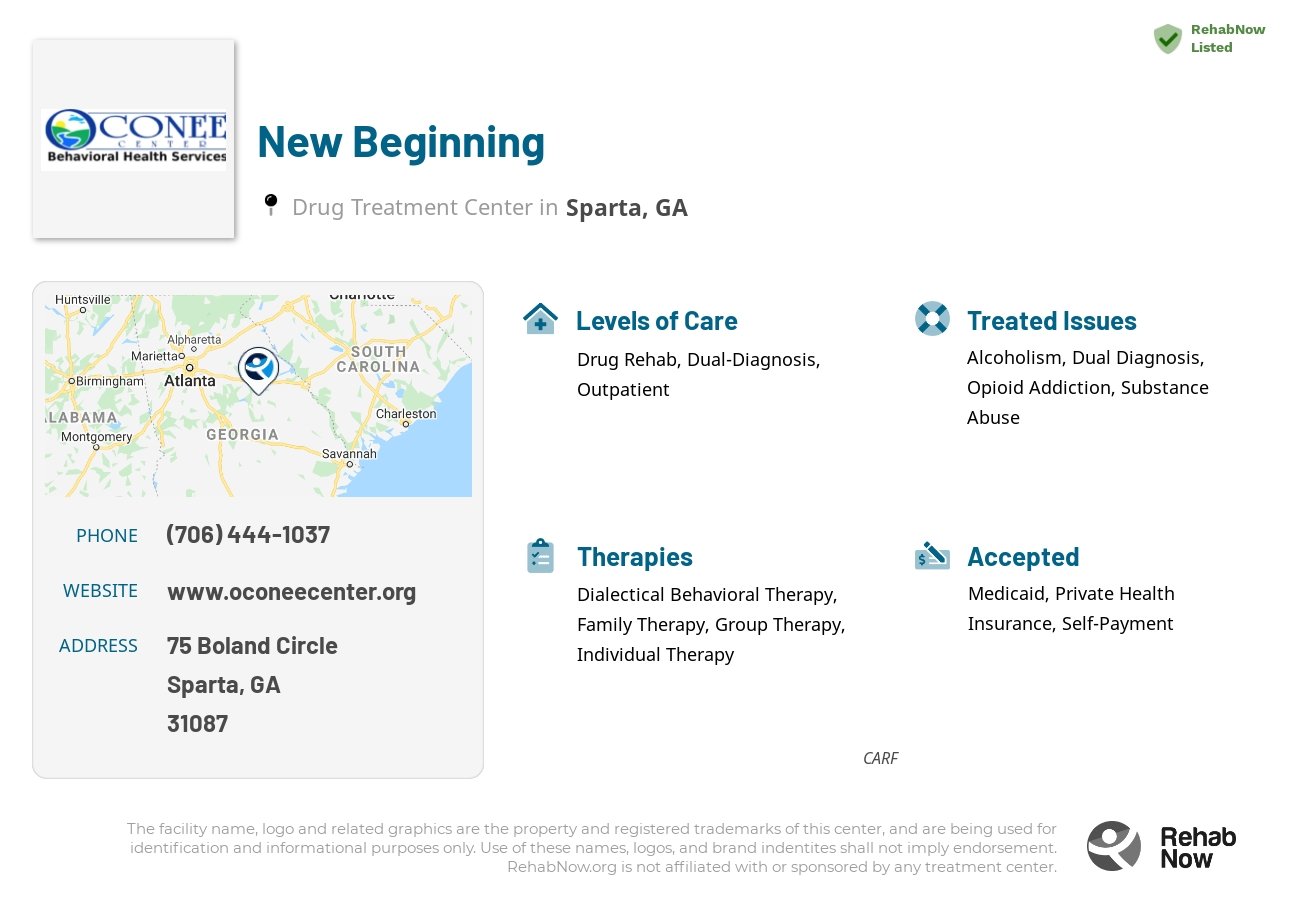 Helpful reference information for New Beginning, a drug treatment center in Georgia located at: 75 Boland Circle, Sparta, GA, 31087, including phone numbers, official website, and more. Listed briefly is an overview of Levels of Care, Therapies Offered, Issues Treated, and accepted forms of Payment Methods.