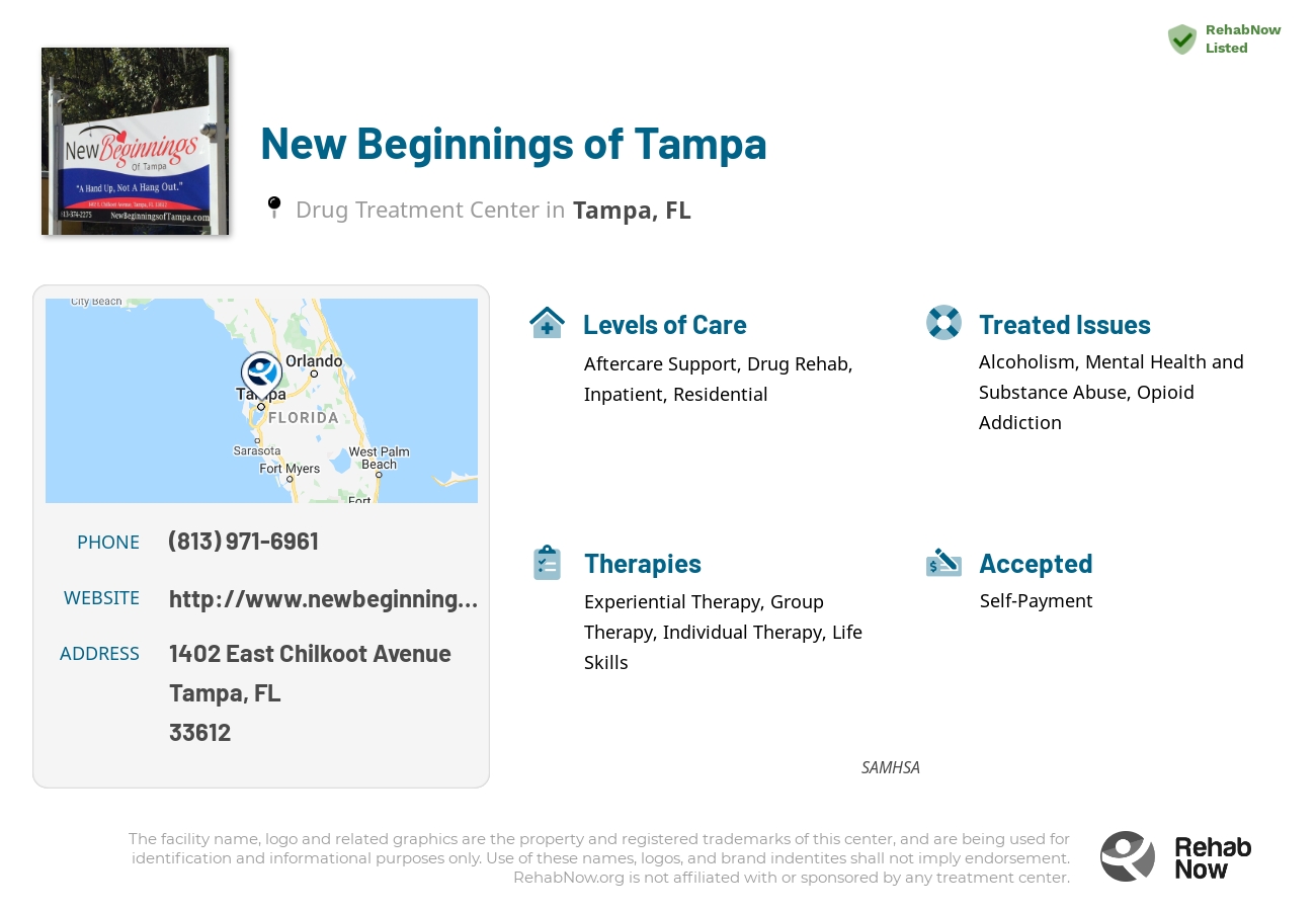 Helpful reference information for New Beginnings of Tampa, a drug treatment center in Florida located at: 1402 East Chilkoot Avenue, Tampa, FL 33612, including phone numbers, official website, and more. Listed briefly is an overview of Levels of Care, Therapies Offered, Issues Treated, and accepted forms of Payment Methods.