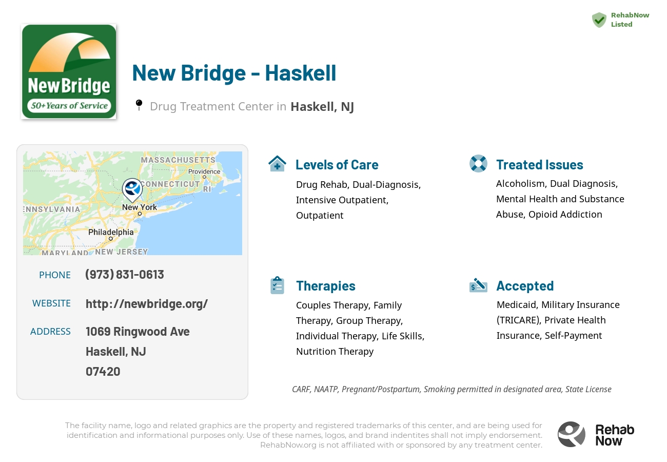 Helpful reference information for New Bridge - Haskell, a drug treatment center in New Jersey located at: 1069 Ringwood Ave, Haskell, NJ 07420, including phone numbers, official website, and more. Listed briefly is an overview of Levels of Care, Therapies Offered, Issues Treated, and accepted forms of Payment Methods.