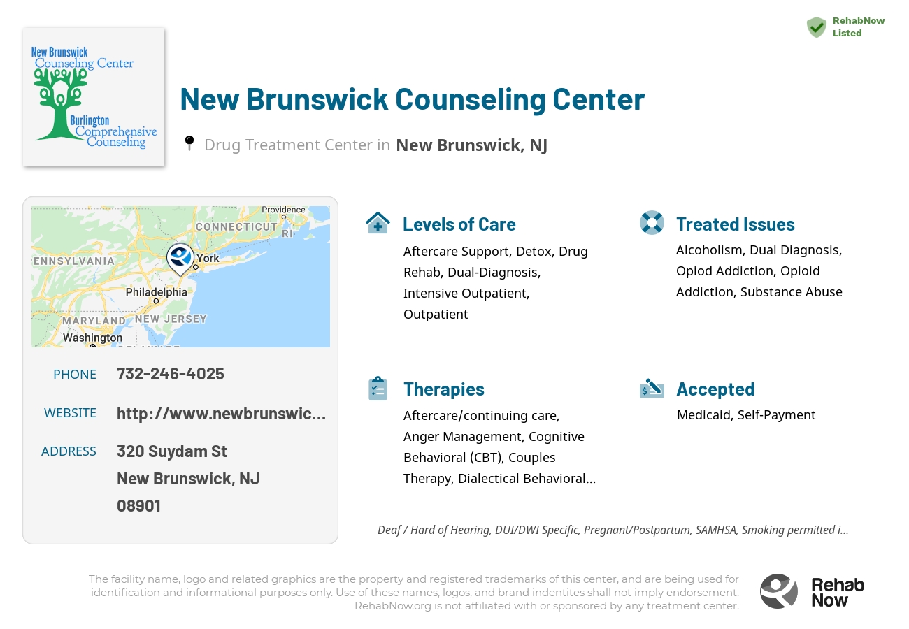 Helpful reference information for New Brunswick Counseling Center, a drug treatment center in New Jersey located at: 320 Suydam St, New Brunswick, NJ 08901, including phone numbers, official website, and more. Listed briefly is an overview of Levels of Care, Therapies Offered, Issues Treated, and accepted forms of Payment Methods.