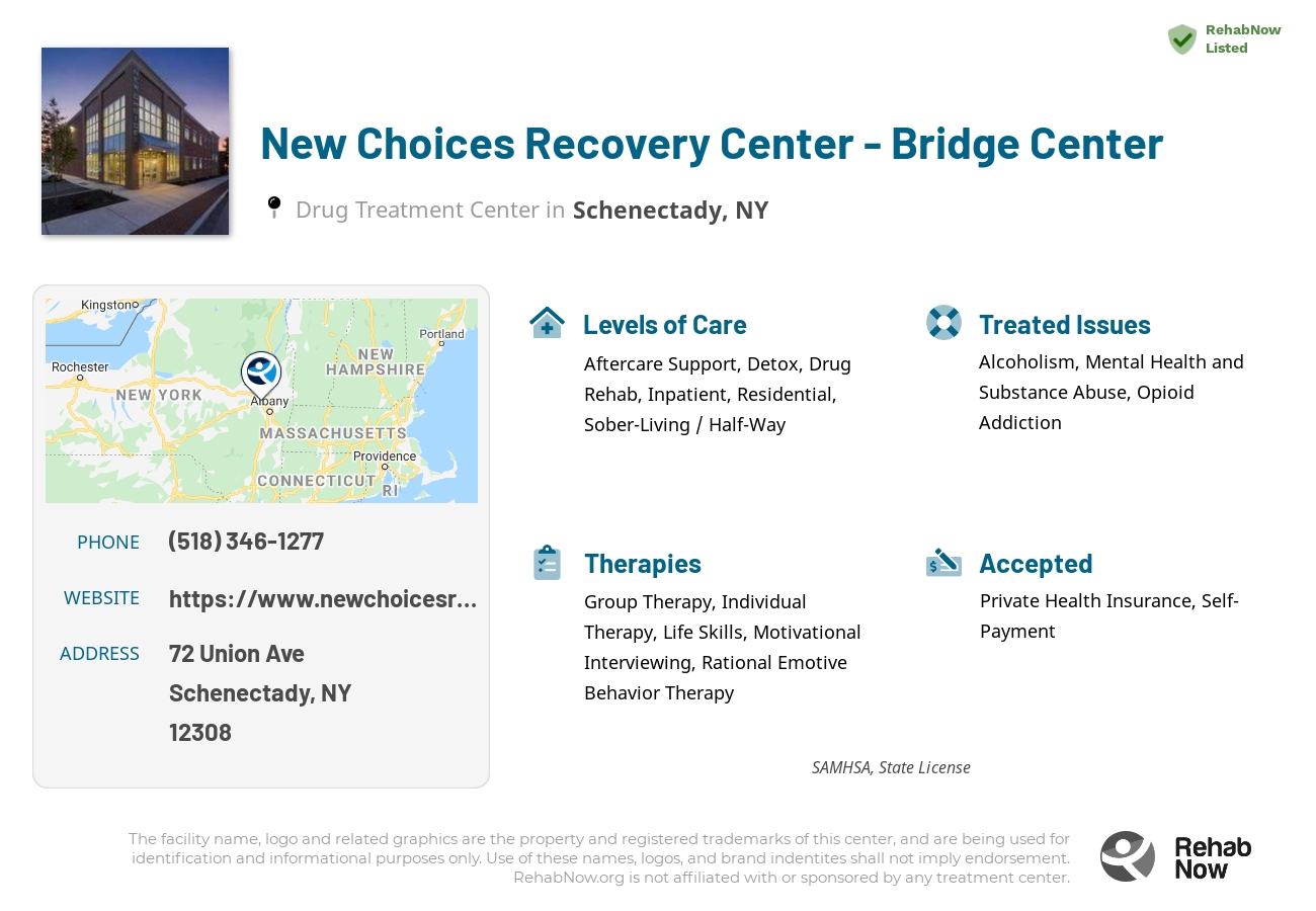 Helpful reference information for New Choices Recovery Center - Bridge Center, a drug treatment center in New York located at: 72 Union Ave, Schenectady, NY 12308, including phone numbers, official website, and more. Listed briefly is an overview of Levels of Care, Therapies Offered, Issues Treated, and accepted forms of Payment Methods.