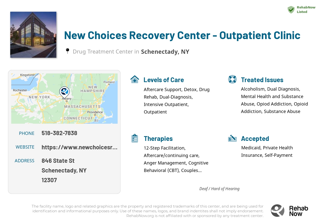 Helpful reference information for New Choices Recovery Center - Outpatient Clinic, a drug treatment center in New York located at: 846 State St, Schenectady, NY 12307, including phone numbers, official website, and more. Listed briefly is an overview of Levels of Care, Therapies Offered, Issues Treated, and accepted forms of Payment Methods.