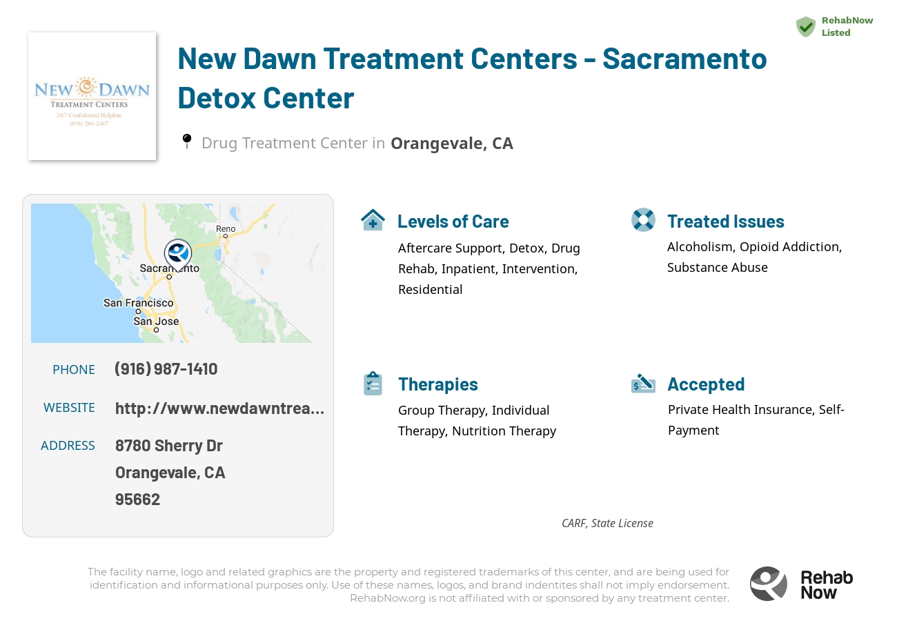 Helpful reference information for New Dawn Treatment Centers - Sacramento Detox Center, a drug treatment center in California located at: 8780 Sherry Dr, Orangevale, CA 95662, including phone numbers, official website, and more. Listed briefly is an overview of Levels of Care, Therapies Offered, Issues Treated, and accepted forms of Payment Methods.