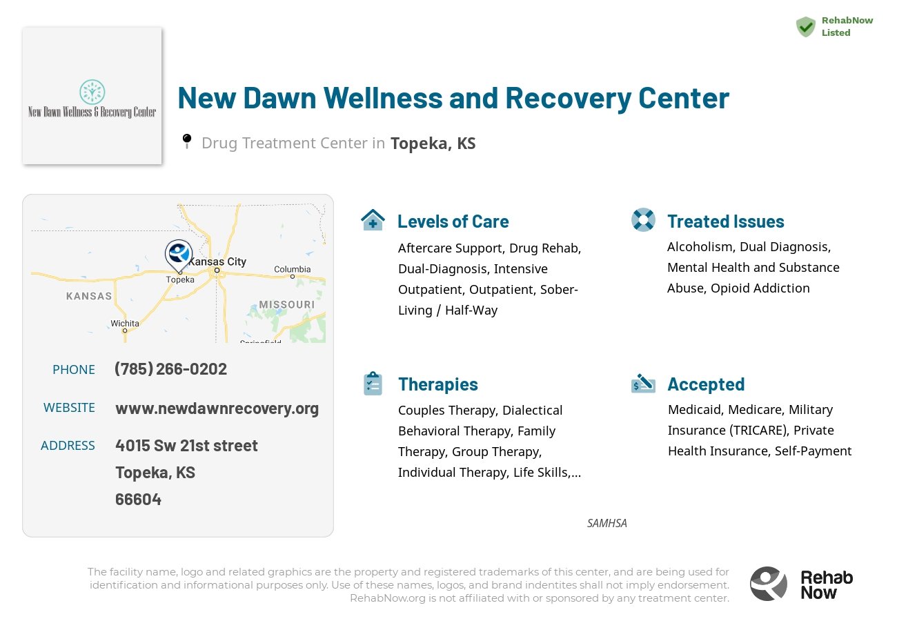 Helpful reference information for New Dawn Wellness and Recovery Center, a drug treatment center in Kansas located at: 4015 Sw 21st street, Topeka, KS, 66604, including phone numbers, official website, and more. Listed briefly is an overview of Levels of Care, Therapies Offered, Issues Treated, and accepted forms of Payment Methods.