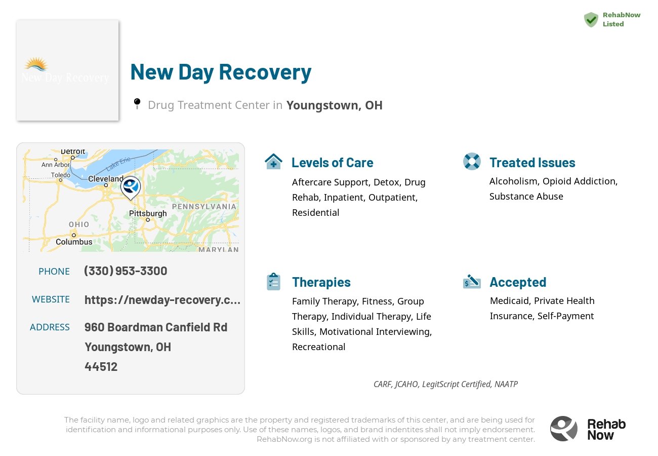 Helpful reference information for New Day Recovery, a drug treatment center in Ohio located at: 960 Boardman Canfield Rd, Youngstown, OH 44512, including phone numbers, official website, and more. Listed briefly is an overview of Levels of Care, Therapies Offered, Issues Treated, and accepted forms of Payment Methods.
