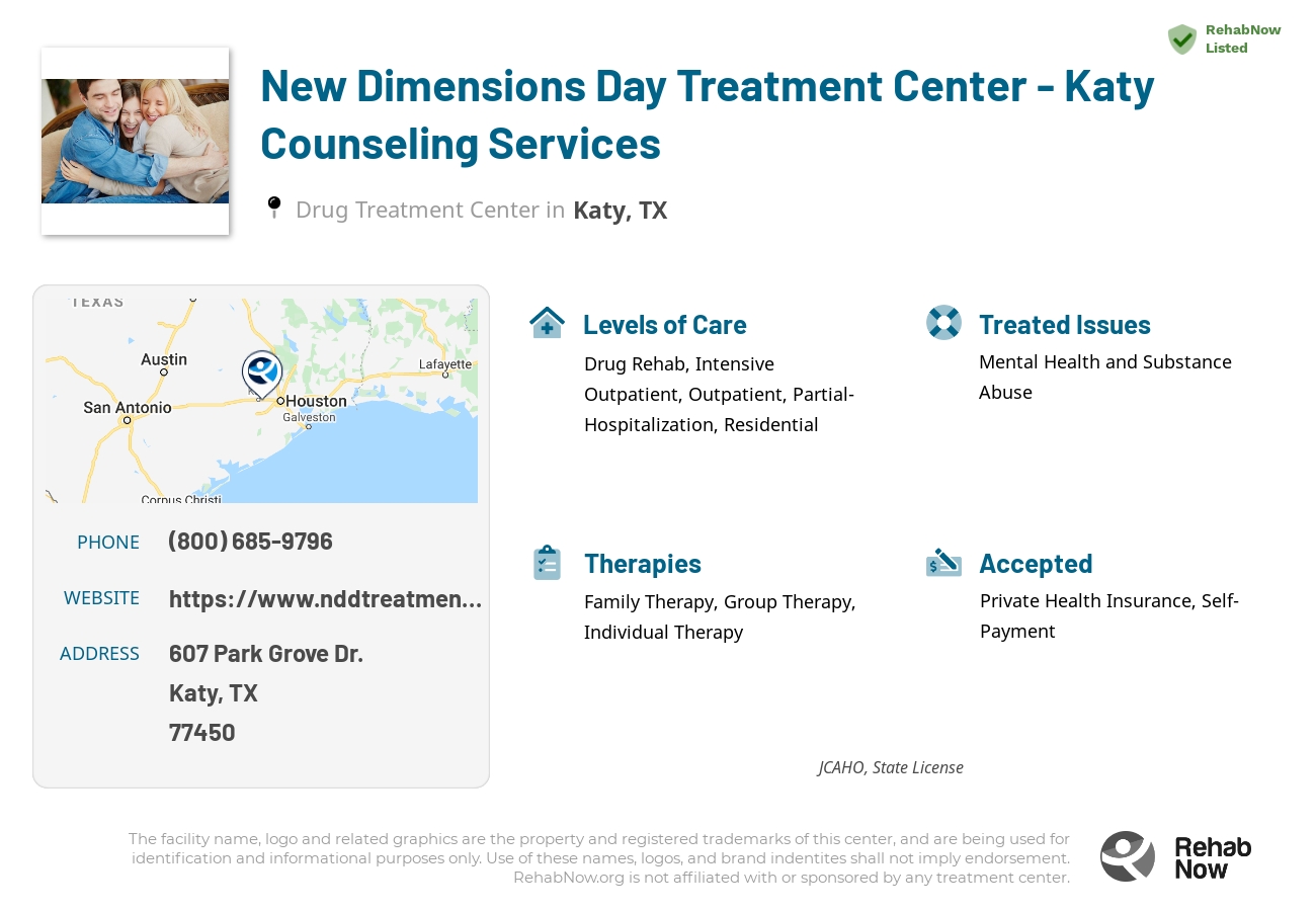Helpful reference information for New Dimensions Day Treatment Center - Katy Counseling Services, a drug treatment center in Texas located at: 607 Park Grove Dr., Katy, TX, 77450, including phone numbers, official website, and more. Listed briefly is an overview of Levels of Care, Therapies Offered, Issues Treated, and accepted forms of Payment Methods.