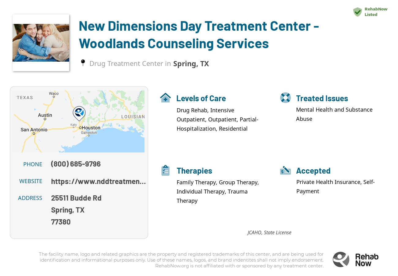 Helpful reference information for New Dimensions Day Treatment Center - Woodlands Counseling Services, a drug treatment center in Texas located at: 25511 Budde Rd, Spring, TX, 77380, including phone numbers, official website, and more. Listed briefly is an overview of Levels of Care, Therapies Offered, Issues Treated, and accepted forms of Payment Methods.