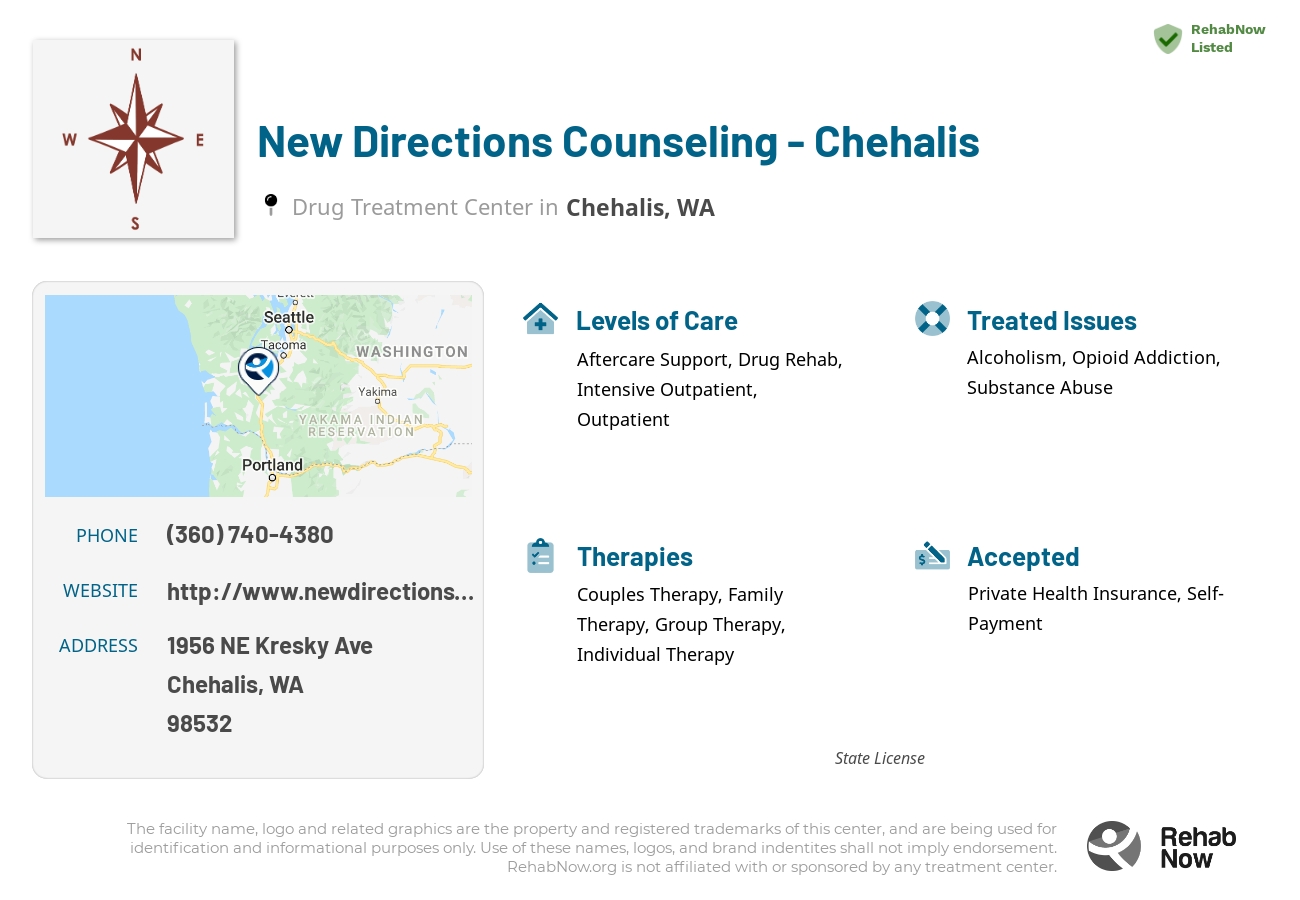 Helpful reference information for New Directions Counseling - Chehalis, a drug treatment center in Washington located at: 1956 NE Kresky Ave, Chehalis, WA 98532, including phone numbers, official website, and more. Listed briefly is an overview of Levels of Care, Therapies Offered, Issues Treated, and accepted forms of Payment Methods.