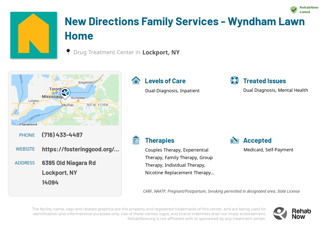 Helpful reference information for New Directions Family Services - Wyndham Lawn Home, a drug treatment center in New York located at: 6395 Old Niagara Rd, Lockport, NY 14094, including phone numbers, official website, and more. Listed briefly is an overview of Levels of Care, Therapies Offered, Issues Treated, and accepted forms of Payment Methods.