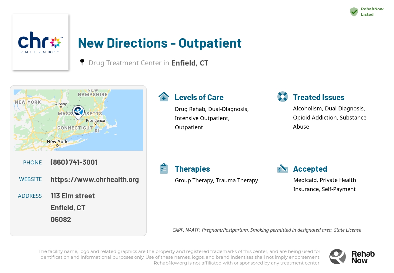 Helpful reference information for New Directions - Outpatient, a drug treatment center in Connecticut located at: 113 Elm street, Enfield, CT, 06082, including phone numbers, official website, and more. Listed briefly is an overview of Levels of Care, Therapies Offered, Issues Treated, and accepted forms of Payment Methods.