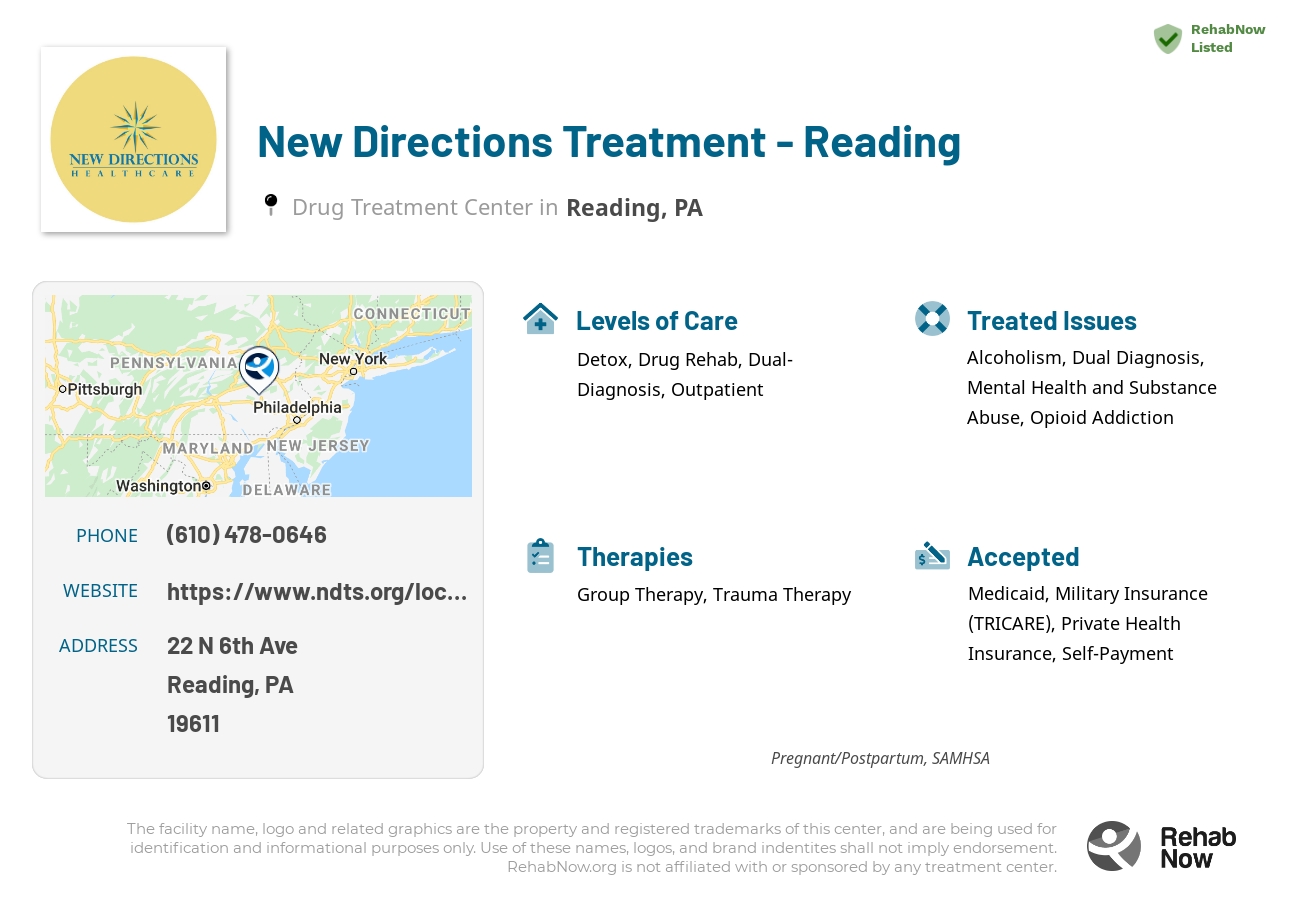 Helpful reference information for New Directions Treatment - Reading, a drug treatment center in Pennsylvania located at: 22 N 6th Ave, Reading, PA 19611, including phone numbers, official website, and more. Listed briefly is an overview of Levels of Care, Therapies Offered, Issues Treated, and accepted forms of Payment Methods.