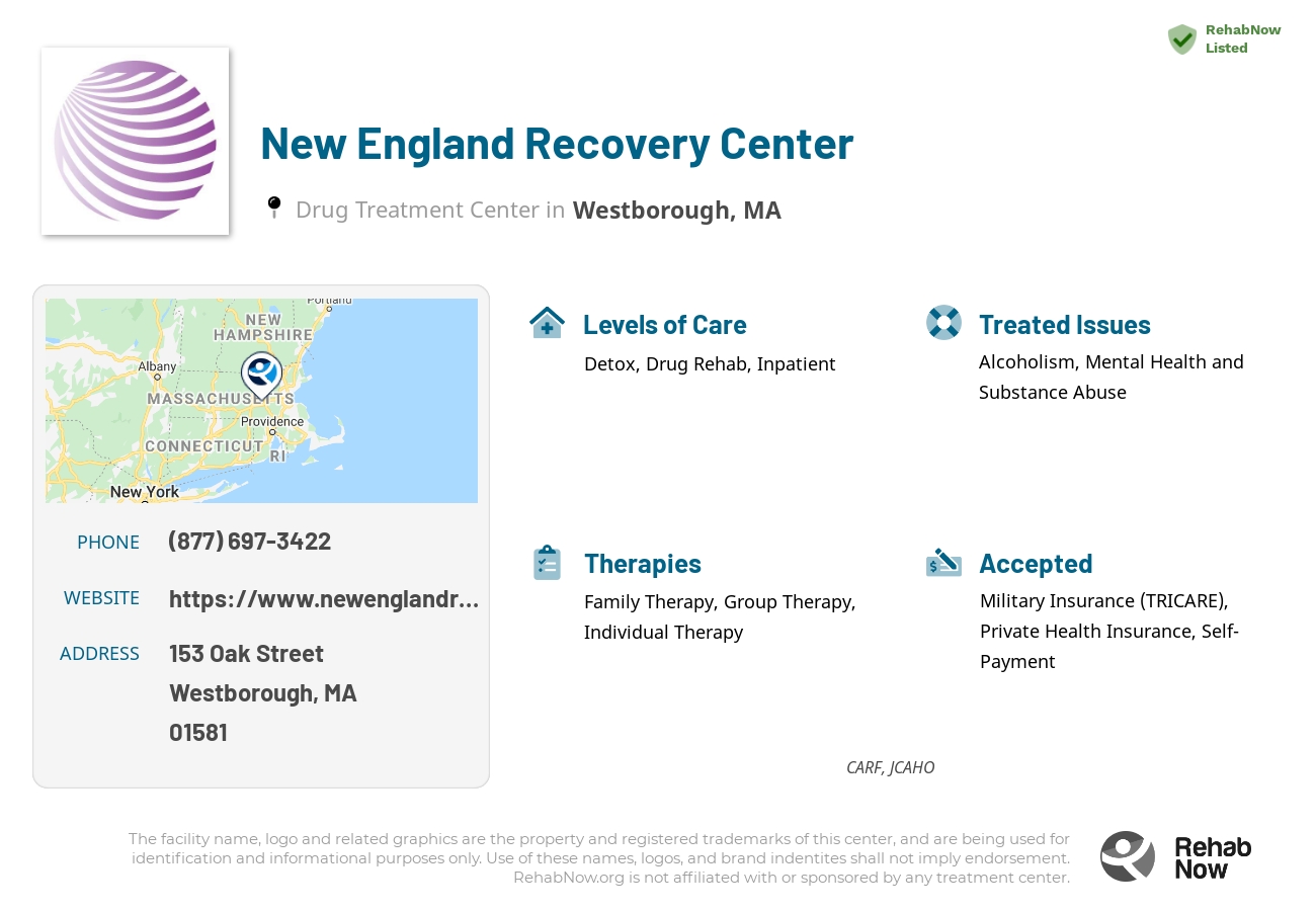 Helpful reference information for New England Recovery Center, a drug treatment center in Massachusetts located at: 153 Oak Street, Westborough, MA, 01581, including phone numbers, official website, and more. Listed briefly is an overview of Levels of Care, Therapies Offered, Issues Treated, and accepted forms of Payment Methods.