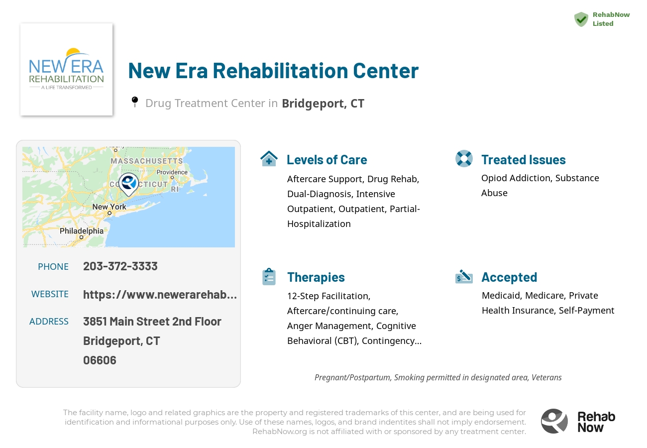 Helpful reference information for New Era Rehabilitation Center, a drug treatment center in Connecticut located at: 3851 Main Street 2nd Floor, Bridgeport, CT 06606, including phone numbers, official website, and more. Listed briefly is an overview of Levels of Care, Therapies Offered, Issues Treated, and accepted forms of Payment Methods.
