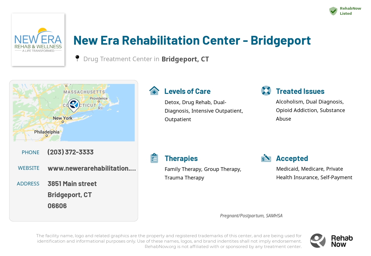 Helpful reference information for New Era Rehabilitation Center - Bridgeport, a drug treatment center in Connecticut located at: 3851 Main street, Bridgeport, CT, 06606, including phone numbers, official website, and more. Listed briefly is an overview of Levels of Care, Therapies Offered, Issues Treated, and accepted forms of Payment Methods.