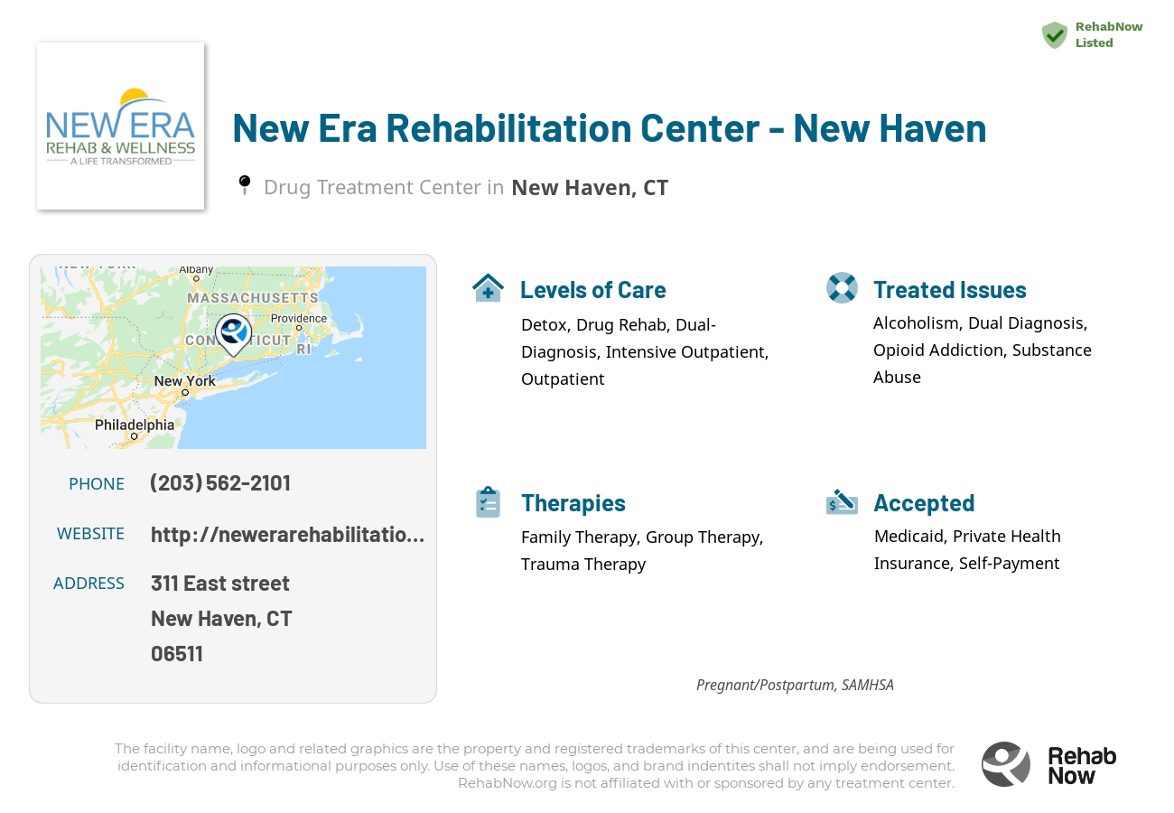 Helpful reference information for New Era Rehabilitation Center - New Haven, a drug treatment center in Connecticut located at: 311 East street, New Haven, CT, 06511, including phone numbers, official website, and more. Listed briefly is an overview of Levels of Care, Therapies Offered, Issues Treated, and accepted forms of Payment Methods.