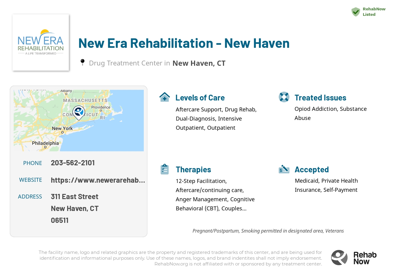 Helpful reference information for New Era Rehabilitation - New Haven, a drug treatment center in Connecticut located at: 311 East Street, New Haven, CT 06511, including phone numbers, official website, and more. Listed briefly is an overview of Levels of Care, Therapies Offered, Issues Treated, and accepted forms of Payment Methods.