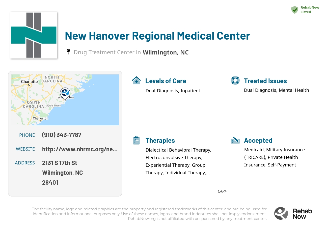 Helpful reference information for New Hanover Regional Medical Center, a drug treatment center in North Carolina located at: 2131 S 17th St, Wilmington, NC 28401, including phone numbers, official website, and more. Listed briefly is an overview of Levels of Care, Therapies Offered, Issues Treated, and accepted forms of Payment Methods.