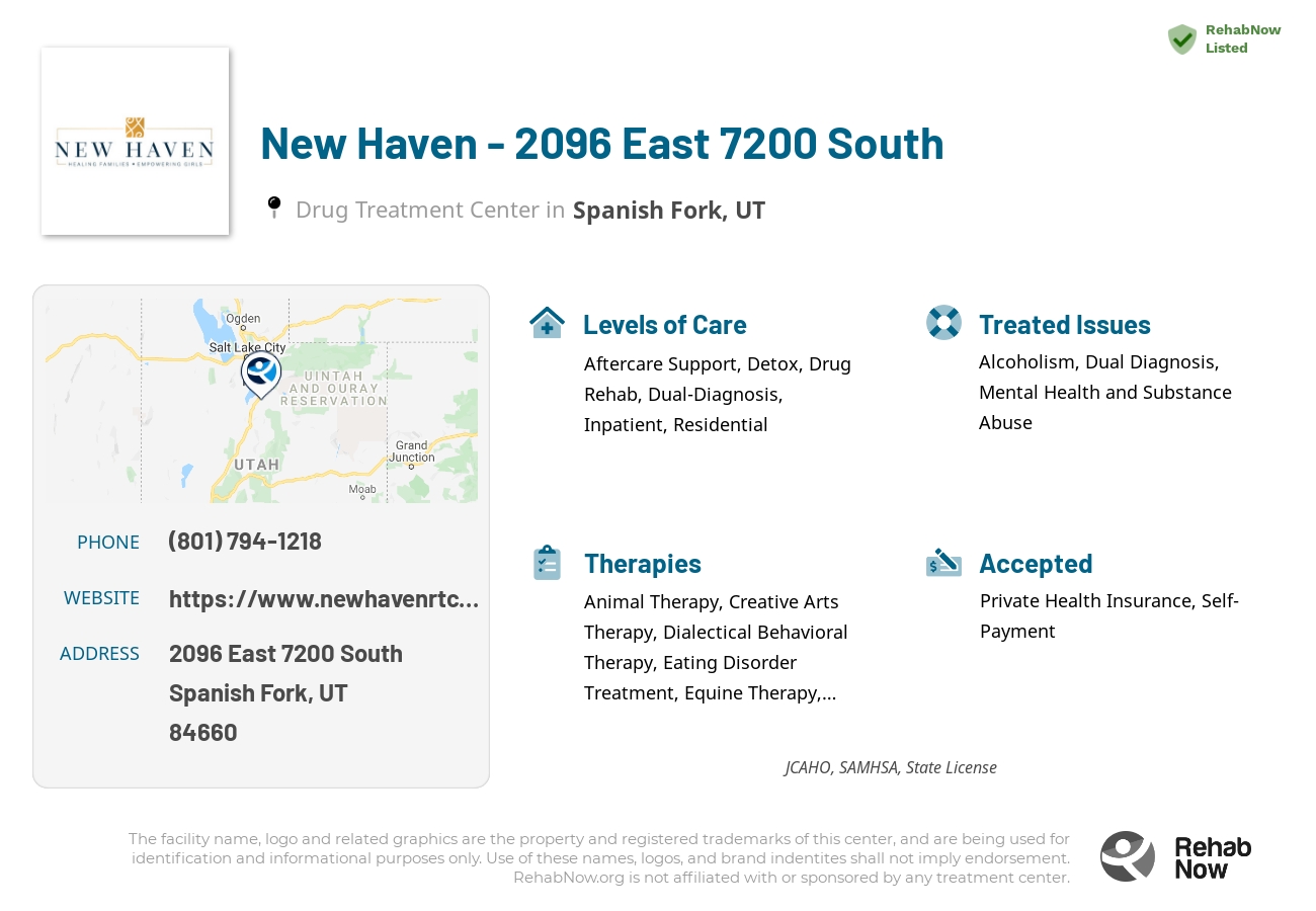 Helpful reference information for New Haven - 2096 East 7200 South, a drug treatment center in Utah located at: 2096 2096 East 7200 South, Spanish Fork, UT 84660, including phone numbers, official website, and more. Listed briefly is an overview of Levels of Care, Therapies Offered, Issues Treated, and accepted forms of Payment Methods.