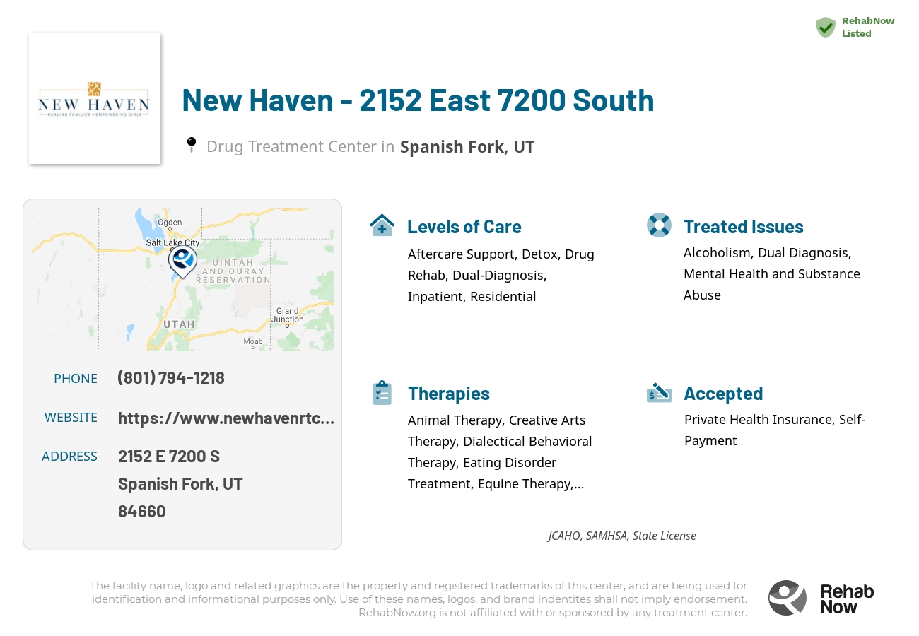 Helpful reference information for New Haven - 2152 East 7200 South, a drug treatment center in Utah located at: 2152 E 7200 S, Spanish Fork, UT 84660, including phone numbers, official website, and more. Listed briefly is an overview of Levels of Care, Therapies Offered, Issues Treated, and accepted forms of Payment Methods.