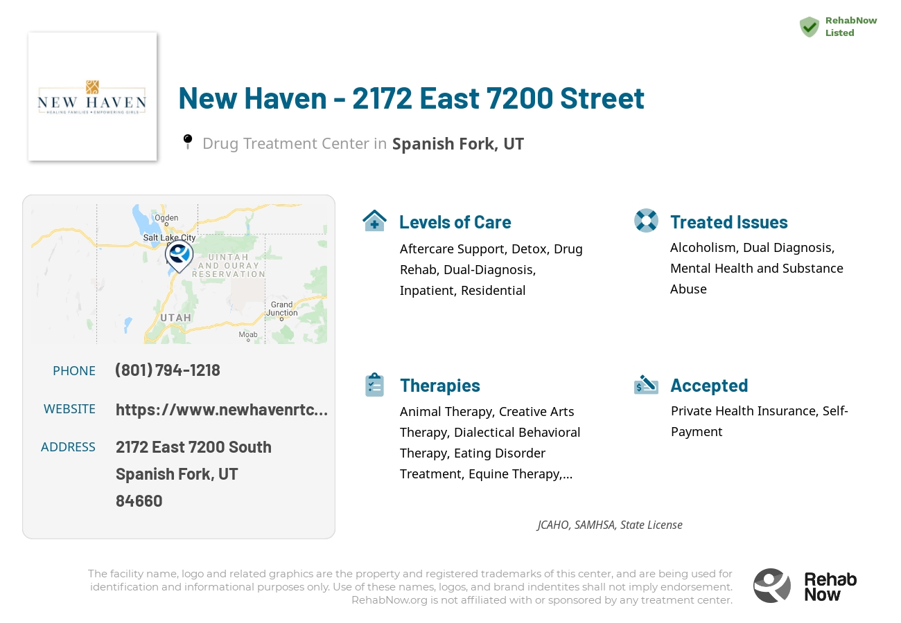 Helpful reference information for New Haven - 2172 East 7200 Street, a drug treatment center in Utah located at: 2172 2172 East 7200 South, Spanish Fork, UT 84660, including phone numbers, official website, and more. Listed briefly is an overview of Levels of Care, Therapies Offered, Issues Treated, and accepted forms of Payment Methods.