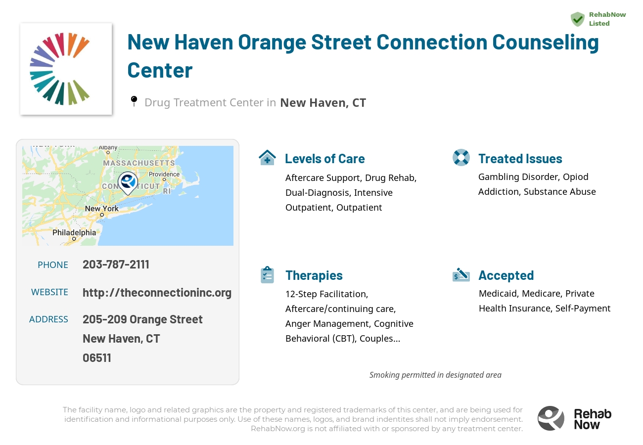 Helpful reference information for New Haven Orange Street Connection Counseling Center, a drug treatment center in Connecticut located at: 205-209 Orange Street, New Haven, CT 06511, including phone numbers, official website, and more. Listed briefly is an overview of Levels of Care, Therapies Offered, Issues Treated, and accepted forms of Payment Methods.