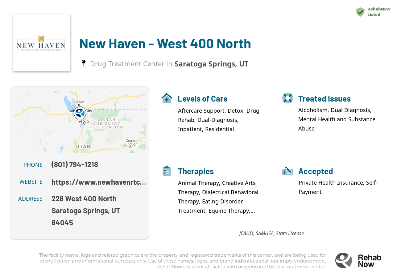 Helpful reference information for New Haven - West 400 North, a drug treatment center in Utah located at: 228 West 400 North, Saratoga Springs, UT 84045, including phone numbers, official website, and more. Listed briefly is an overview of Levels of Care, Therapies Offered, Issues Treated, and accepted forms of Payment Methods.