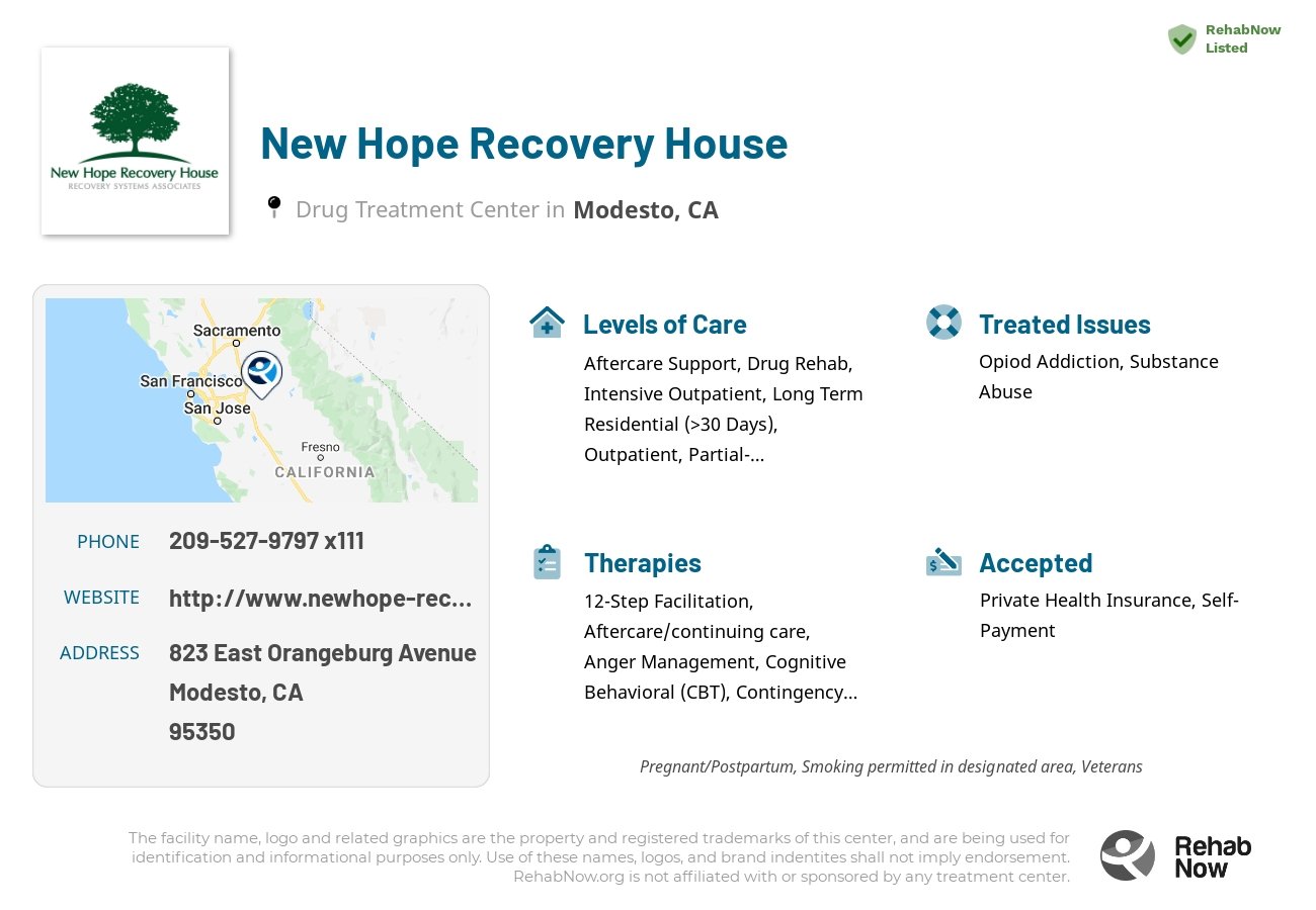 Helpful reference information for New Hope Recovery House, a drug treatment center in California located at: 823 East Orangeburg Avenue, Modesto, CA 95350, including phone numbers, official website, and more. Listed briefly is an overview of Levels of Care, Therapies Offered, Issues Treated, and accepted forms of Payment Methods.
