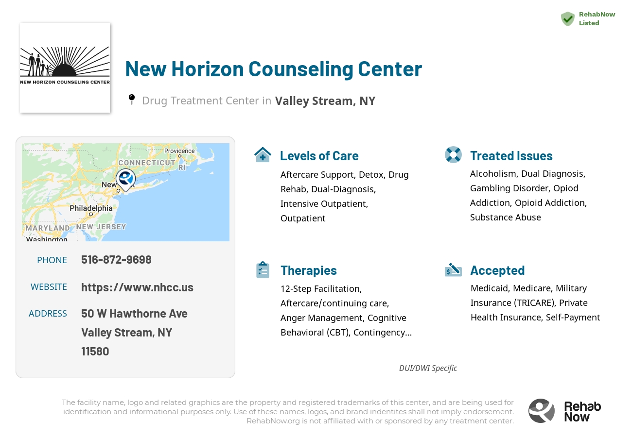 Helpful reference information for New Horizon Counseling Center, a drug treatment center in New York located at: 50 W Hawthorne Ave, Valley Stream, NY 11580, including phone numbers, official website, and more. Listed briefly is an overview of Levels of Care, Therapies Offered, Issues Treated, and accepted forms of Payment Methods.