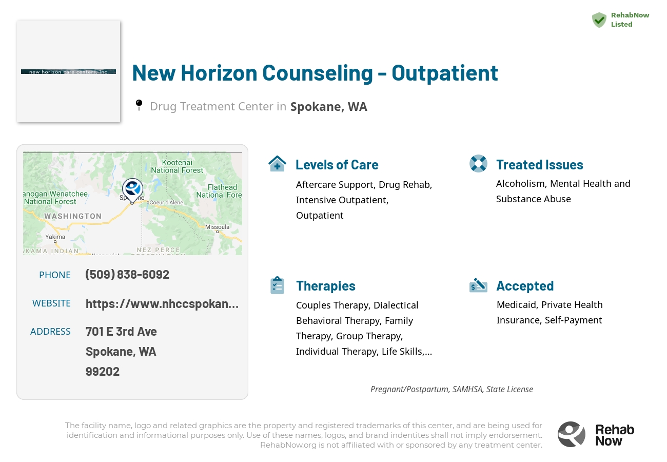 Helpful reference information for New Horizon Counseling - Outpatient, a drug treatment center in Washington located at: 701 E 3rd Ave, Spokane, WA 99202, including phone numbers, official website, and more. Listed briefly is an overview of Levels of Care, Therapies Offered, Issues Treated, and accepted forms of Payment Methods.