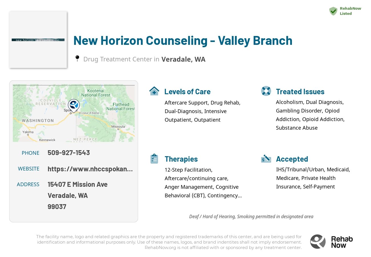 Helpful reference information for New Horizon Counseling - Valley Branch, a drug treatment center in Washington located at: 15407 E Mission Ave, Veradale, WA 99037, including phone numbers, official website, and more. Listed briefly is an overview of Levels of Care, Therapies Offered, Issues Treated, and accepted forms of Payment Methods.