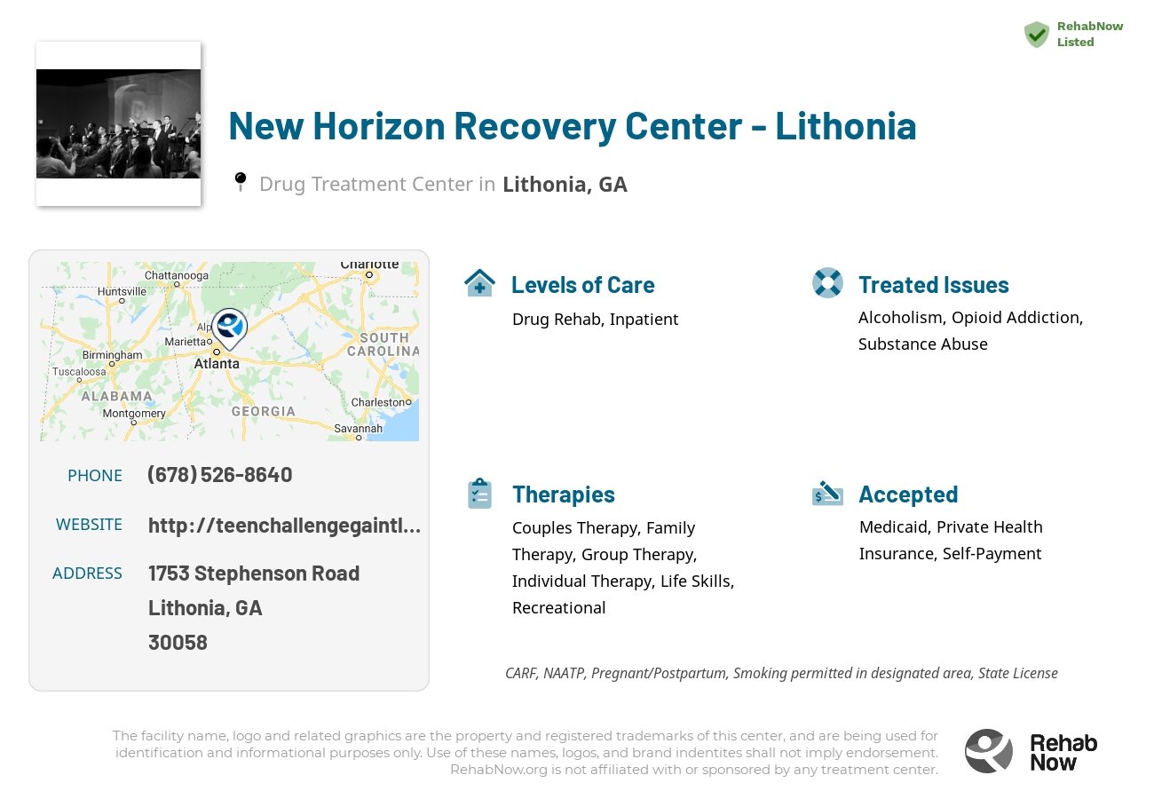 Helpful reference information for New Horizon Recovery Center - Lithonia, a drug treatment center in Georgia located at: 1753 1753 Stephenson Road, Lithonia, GA 30058, including phone numbers, official website, and more. Listed briefly is an overview of Levels of Care, Therapies Offered, Issues Treated, and accepted forms of Payment Methods.