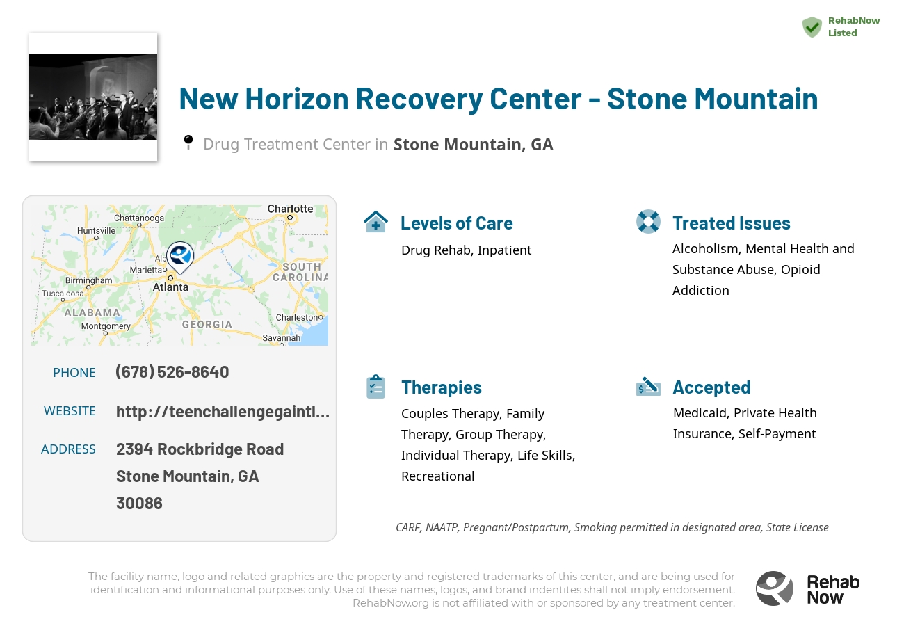 Helpful reference information for New Horizon Recovery Center - Stone Mountain, a drug treatment center in Georgia located at: 2394 2394 Rockbridge Road, Stone Mountain, GA 30086, including phone numbers, official website, and more. Listed briefly is an overview of Levels of Care, Therapies Offered, Issues Treated, and accepted forms of Payment Methods.