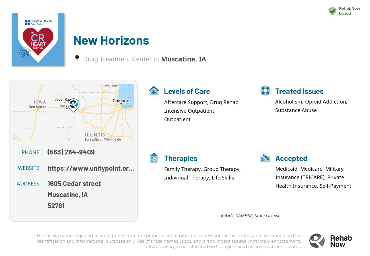 Helpful reference information for New Horizons, a drug treatment center in Iowa located at: 1605 Cedar street, Muscatine, IA, 52761, including phone numbers, official website, and more. Listed briefly is an overview of Levels of Care, Therapies Offered, Issues Treated, and accepted forms of Payment Methods.