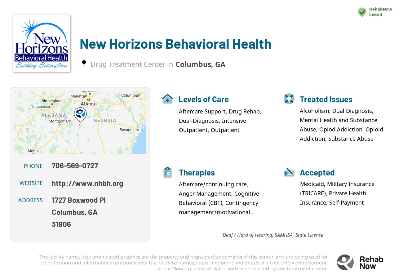 Helpful reference information for New Horizons Behavioral Health, a drug treatment center in Georgia located at: 1727 Boxwood Pl, Columbus, GA 31906, including phone numbers, official website, and more. Listed briefly is an overview of Levels of Care, Therapies Offered, Issues Treated, and accepted forms of Payment Methods.