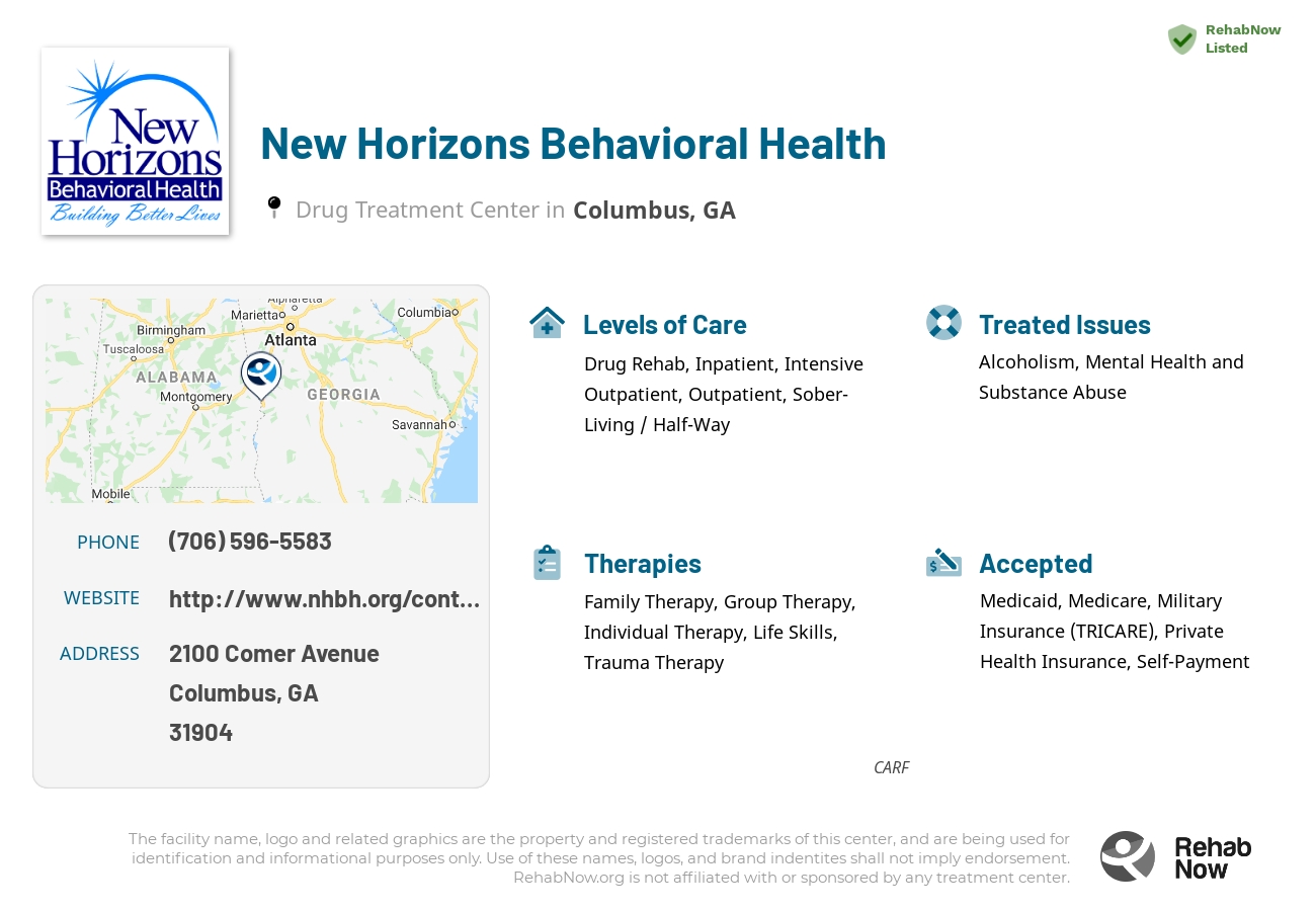 Helpful reference information for New Horizons Behavioral Health, a drug treatment center in Georgia located at: 2100 2100 Comer Avenue, Columbus, GA 31904, including phone numbers, official website, and more. Listed briefly is an overview of Levels of Care, Therapies Offered, Issues Treated, and accepted forms of Payment Methods.