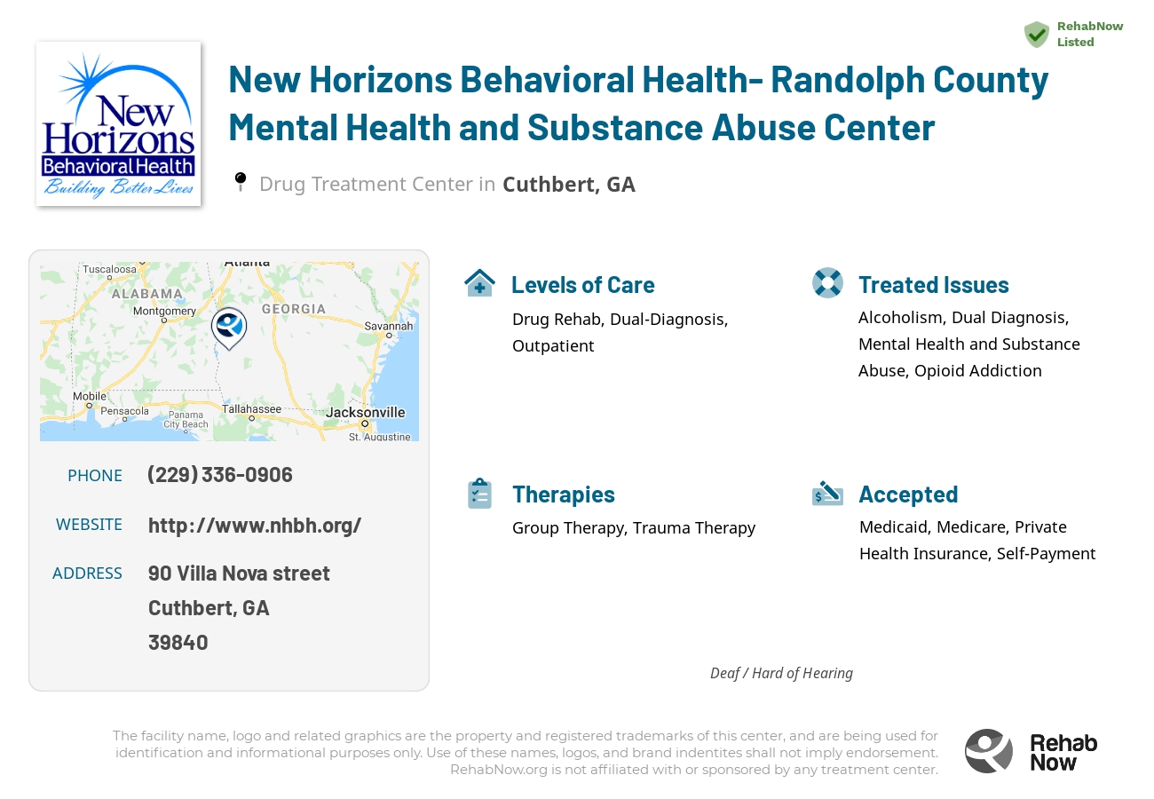 Helpful reference information for New Horizons Behavioral Health- Randolph County Mental Health and Substance Abuse Center, a drug treatment center in Georgia located at: 90 Villa Nova street, Cuthbert, GA, 39840, including phone numbers, official website, and more. Listed briefly is an overview of Levels of Care, Therapies Offered, Issues Treated, and accepted forms of Payment Methods.