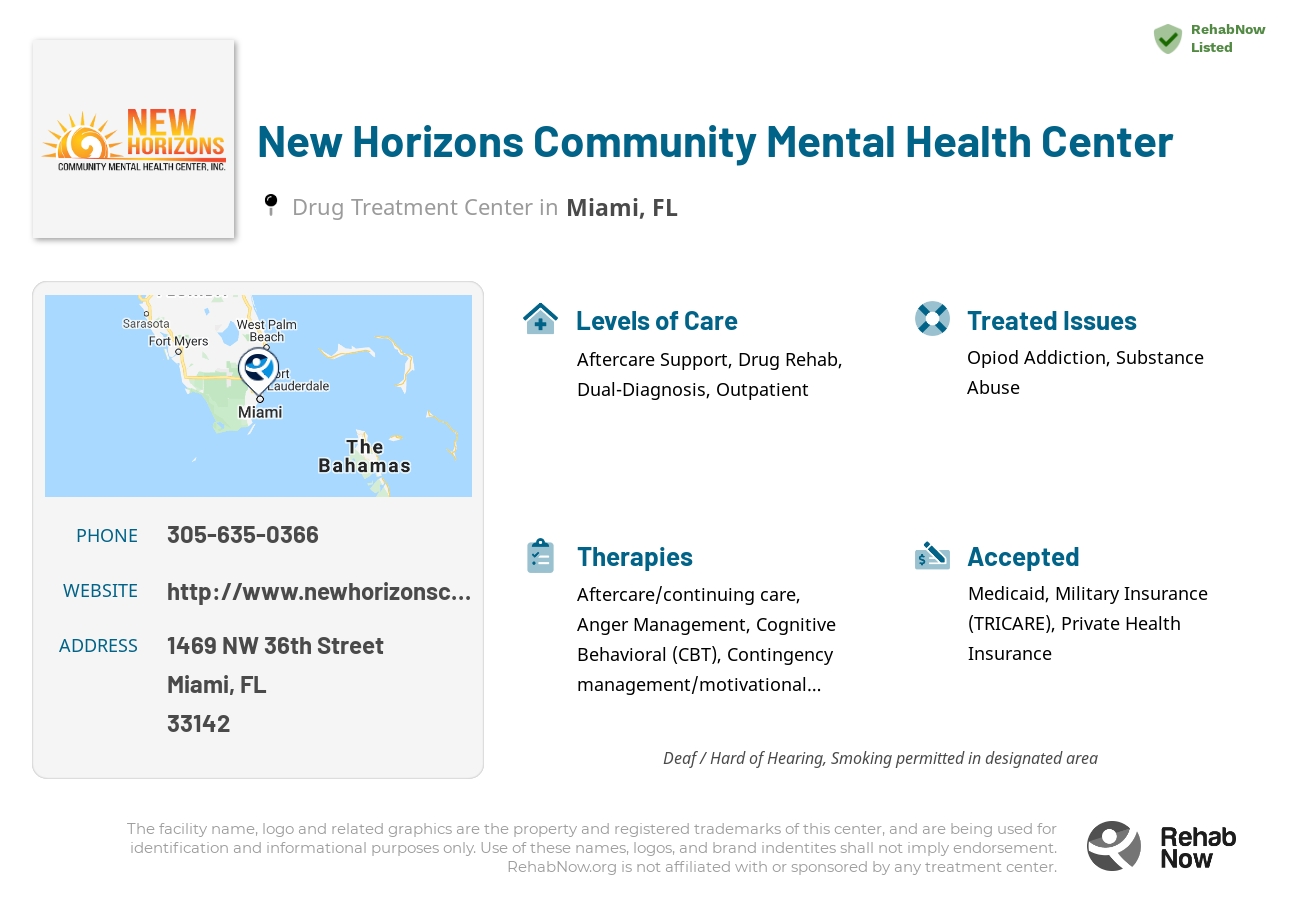 Helpful reference information for New Horizons Community Mental Health Center, a drug treatment center in Florida located at: 1469 NW 36th Street, Miami, FL 33142, including phone numbers, official website, and more. Listed briefly is an overview of Levels of Care, Therapies Offered, Issues Treated, and accepted forms of Payment Methods.