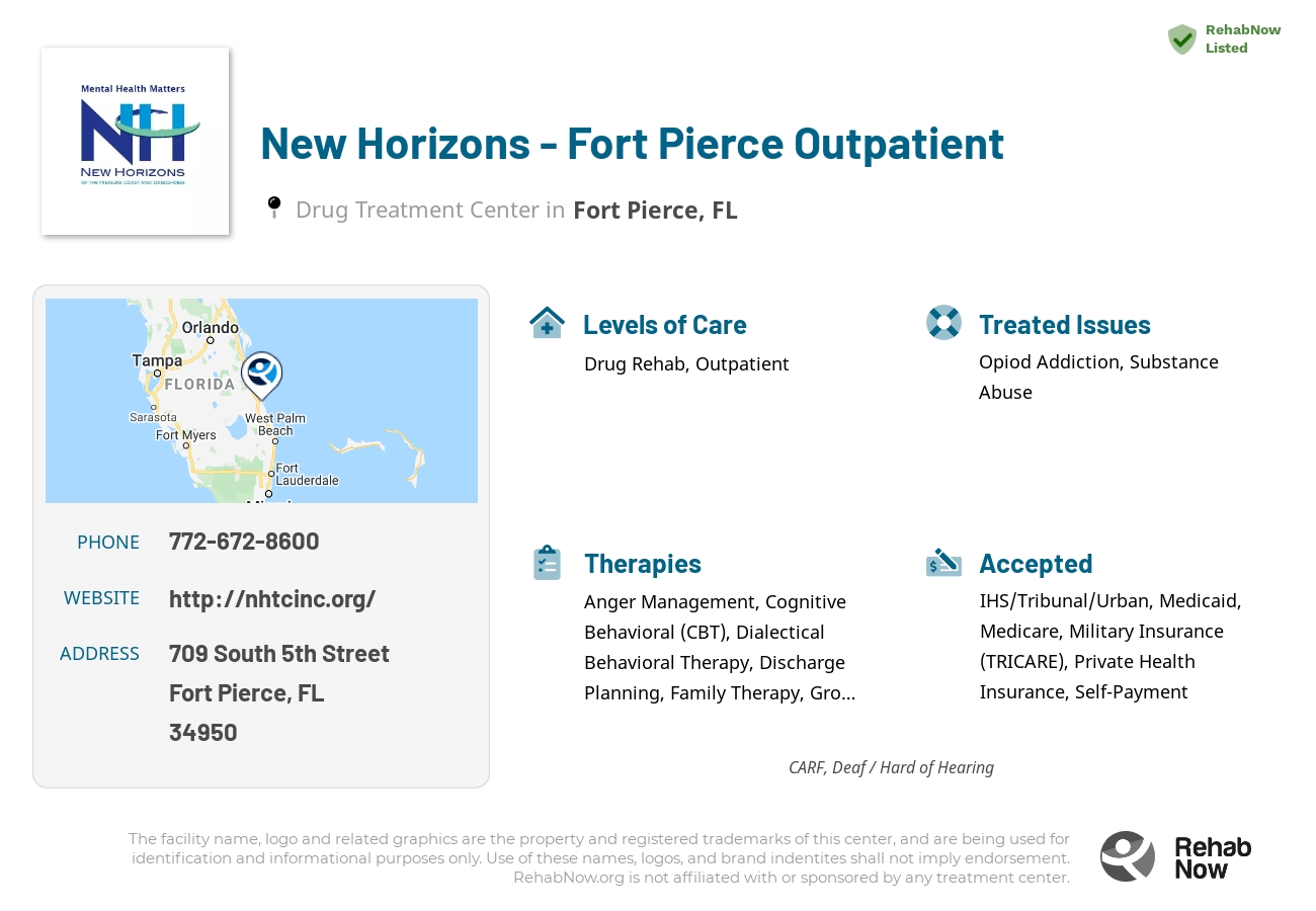 Helpful reference information for New Horizons - Fort Pierce Outpatient, a drug treatment center in Florida located at: 709 South 5th Street, Fort Pierce, FL 34950, including phone numbers, official website, and more. Listed briefly is an overview of Levels of Care, Therapies Offered, Issues Treated, and accepted forms of Payment Methods.