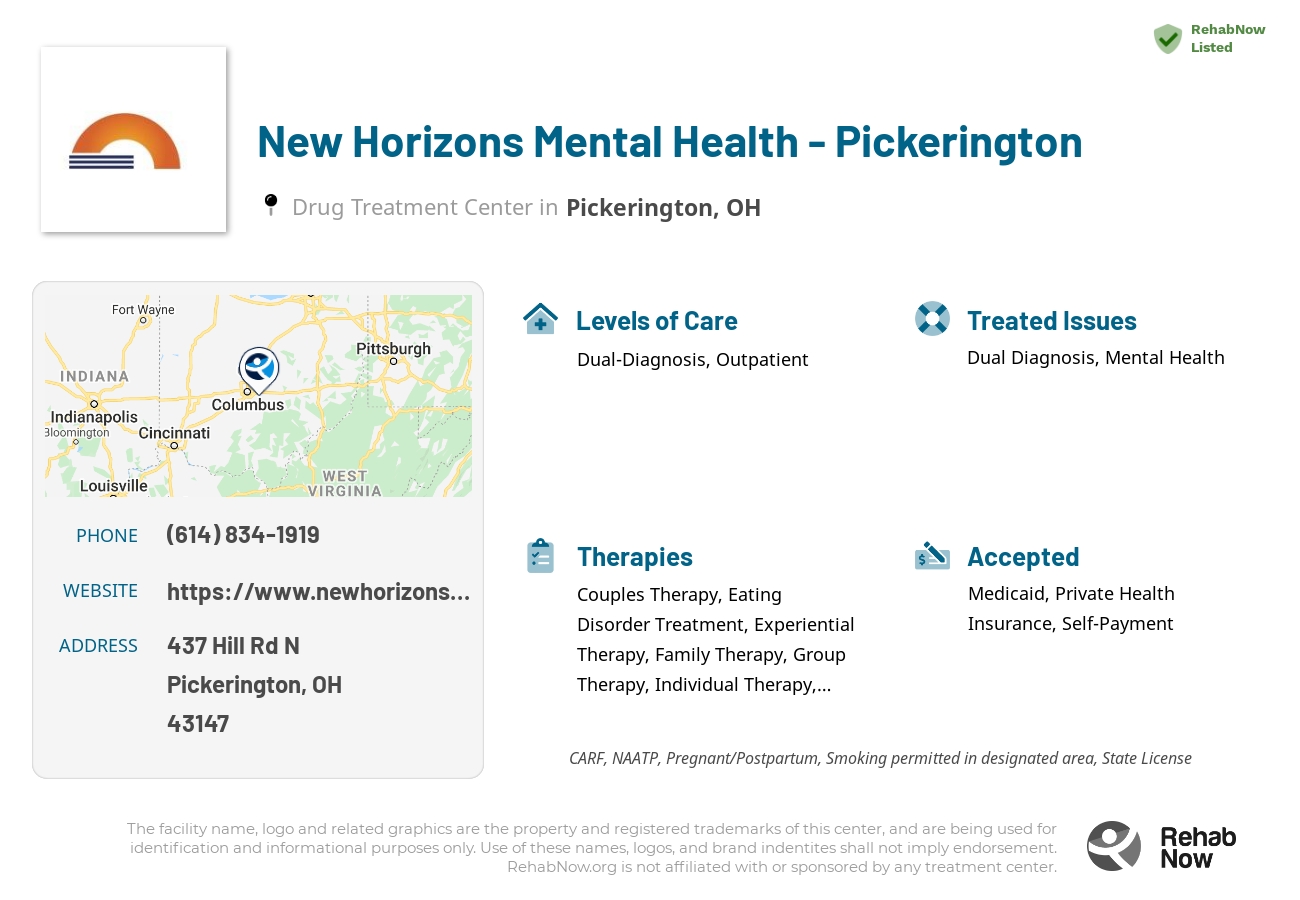 Helpful reference information for New Horizons Mental Health - Pickerington, a drug treatment center in Ohio located at: 437 Hill Rd N, Pickerington, OH 43147, including phone numbers, official website, and more. Listed briefly is an overview of Levels of Care, Therapies Offered, Issues Treated, and accepted forms of Payment Methods.