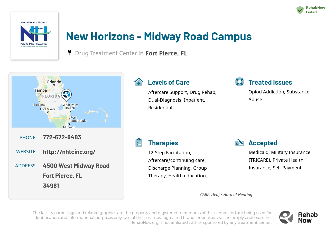 Helpful reference information for New Horizons - Midway Road Campus, a drug treatment center in Florida located at: 4500 West Midway Road, Fort Pierce, FL 34981, including phone numbers, official website, and more. Listed briefly is an overview of Levels of Care, Therapies Offered, Issues Treated, and accepted forms of Payment Methods.