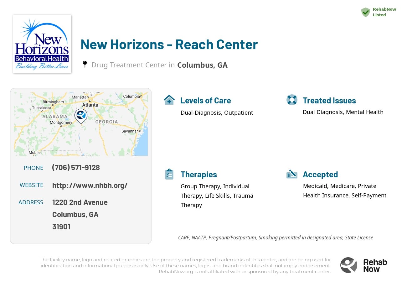 Helpful reference information for New Horizons - Reach Center, a drug treatment center in Georgia located at: 1220 1220 2nd Avenue, Columbus, GA 31901, including phone numbers, official website, and more. Listed briefly is an overview of Levels of Care, Therapies Offered, Issues Treated, and accepted forms of Payment Methods.