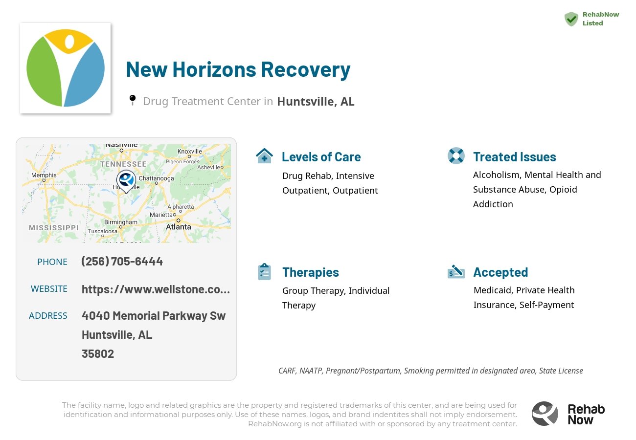Helpful reference information for New Horizons Recovery, a drug treatment center in Alabama located at: 4040 Memorial Parkway Sw, Huntsville, AL, 35802, including phone numbers, official website, and more. Listed briefly is an overview of Levels of Care, Therapies Offered, Issues Treated, and accepted forms of Payment Methods.